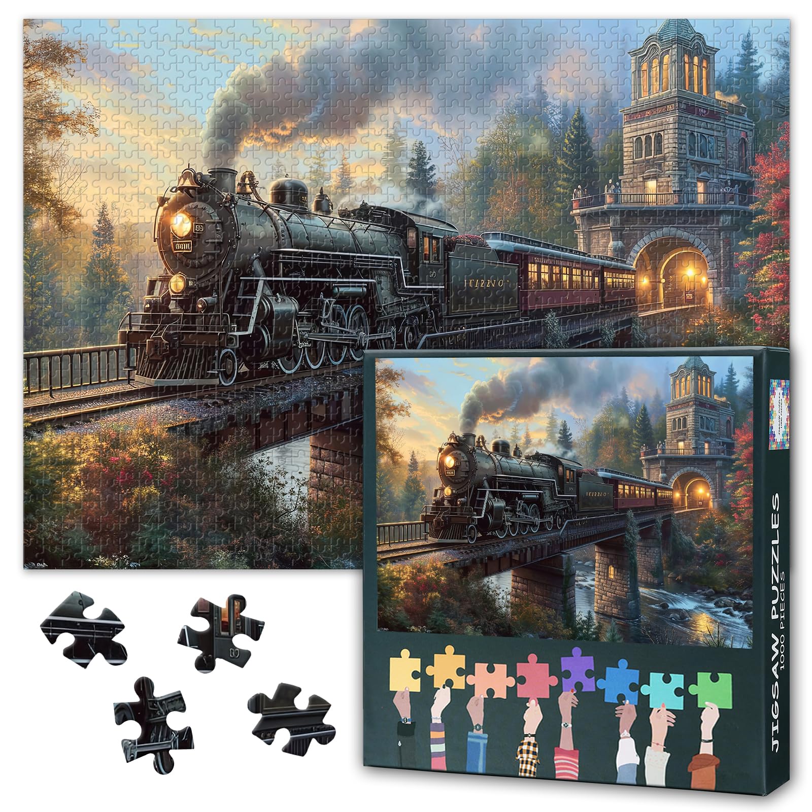 Jigsaw Puzzles 1000 Pieces for Adults, 1000 Piece Puzzles for Adults, Steam Locomotive Speeding Through Jungle, Vintage Train in Mystical Jungle, Challenging Adult Puzzle(27.5x19.7 Inches)