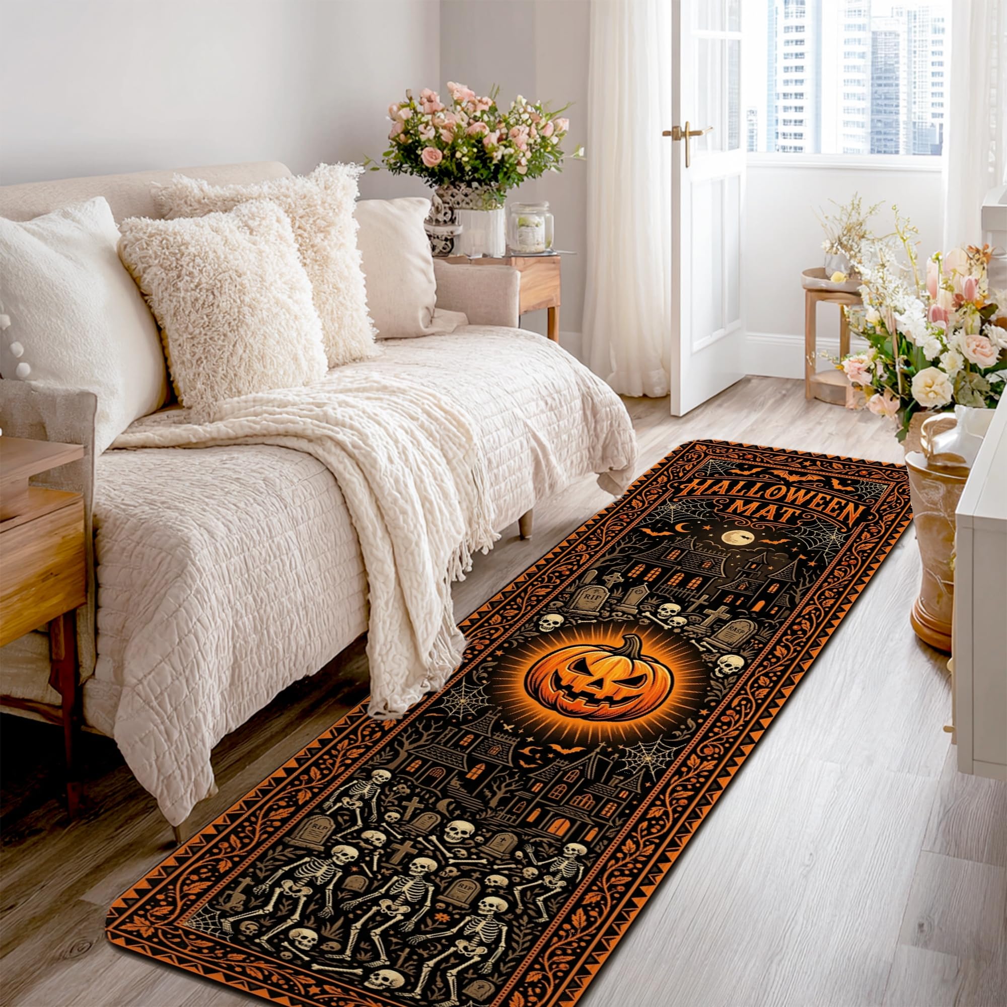 Alfombra rectangular de Halloween de 2 x 8 pies antideslizante color naranja para pasillo