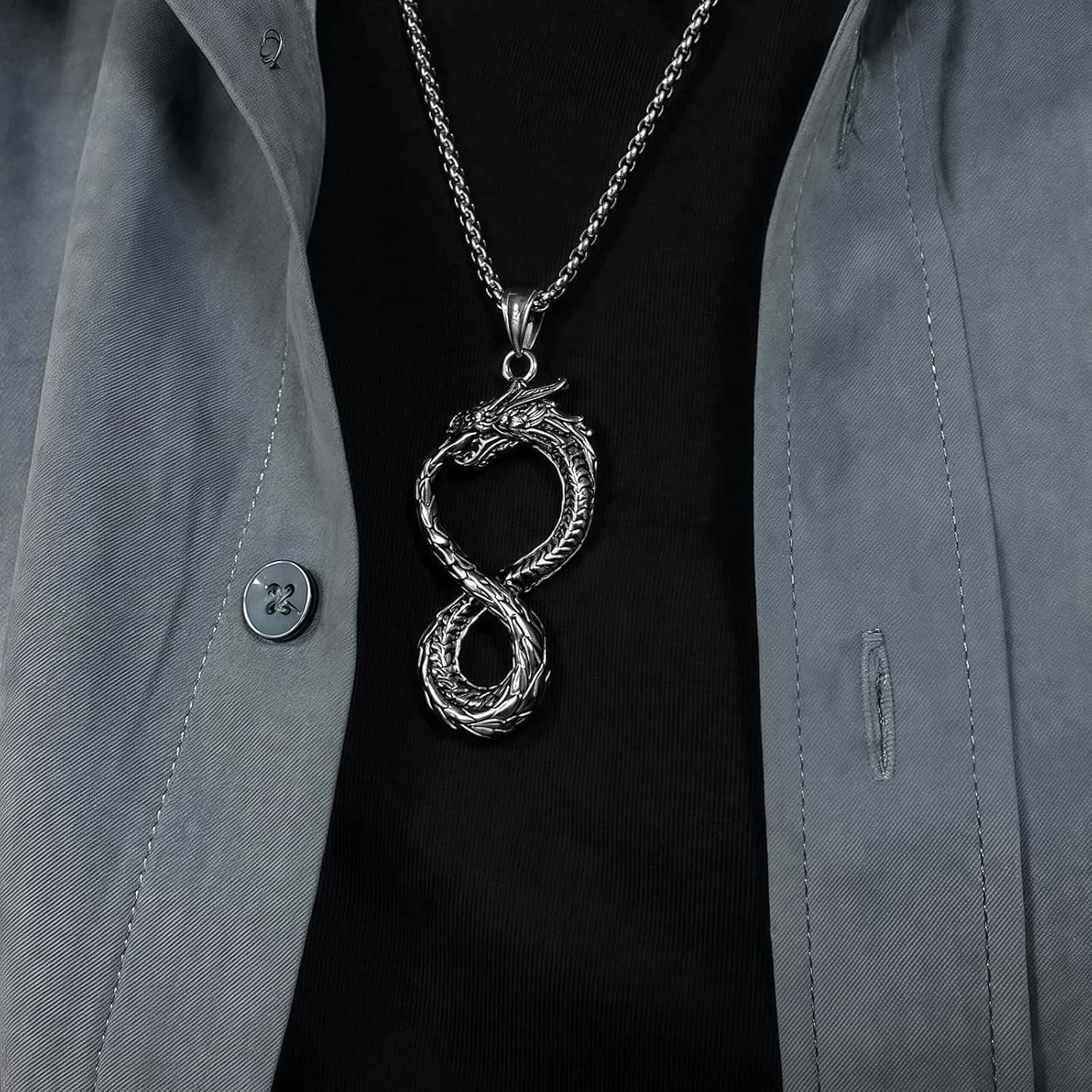 Stainless Steel Dragon Pendant Necklace for Men Women,Dragon Charm Hip-pop Jewelry Chain Necklace for Mens,24inch Chain - Image 3