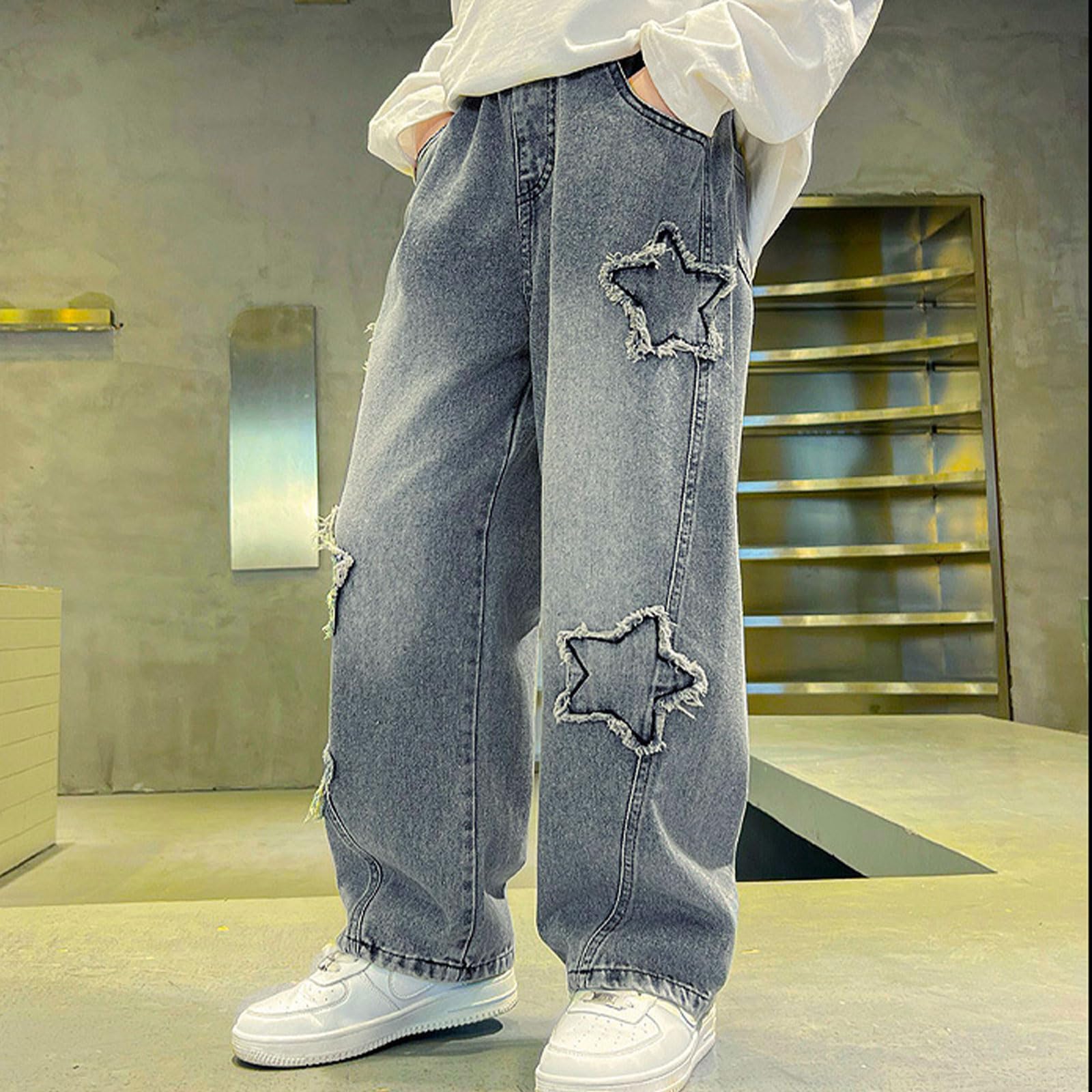 Lindos pantalones de mezclilla holgados con diseño de estrella, cintura elástica, pantalones de mezclilla rectos de pierna ancha para adolescentes de 8 a 14 años