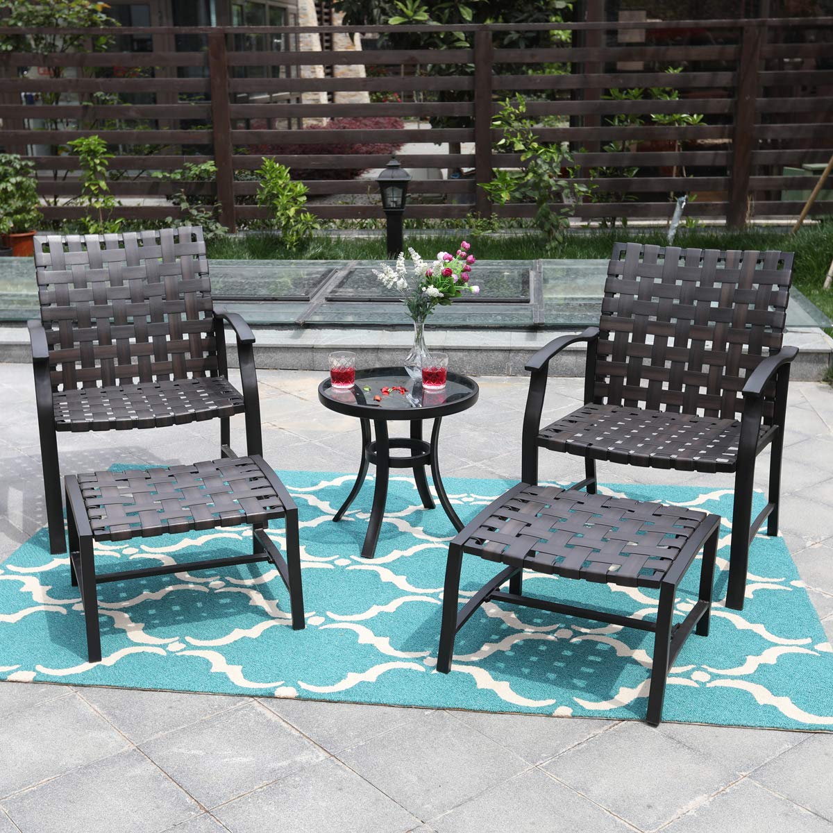 PHI VILLA Outdoor Patio Strap Strapping Chairs and Ottoman with Glass Top Side Coffee Table Set of 5