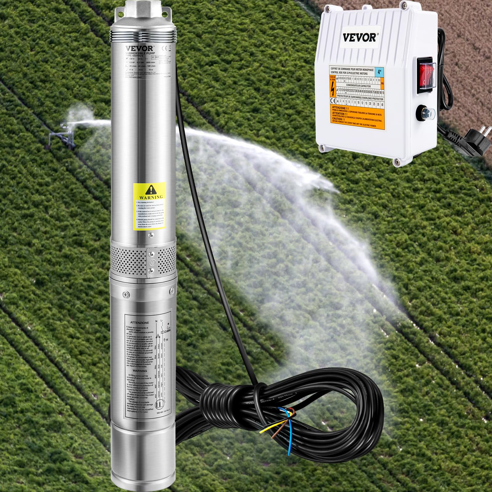 VEVOR Pompa Sommergibile d'Acqua 1100W Flusso max. 190 L/min per Piscina Giardino Orto in Acciaio Inox, Pompa Sommersa per Pozzi Profondi Prevalenza max. 57 m con Scatola Controllo Esterna Cavo 20 m