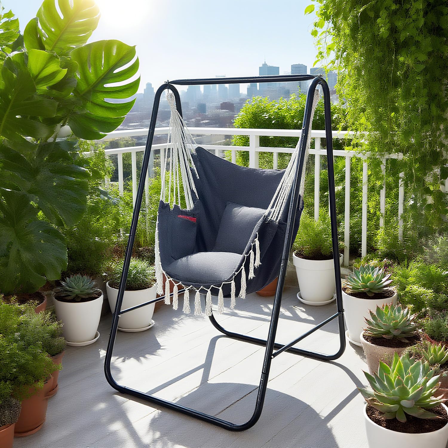 Soporte para silla de hamaca, incluye columpio grande para colgar en interiores, carga máxima de 500 libras, soporte de hamaca de acero resistente para interiores y exteriores (gris oscuro)
