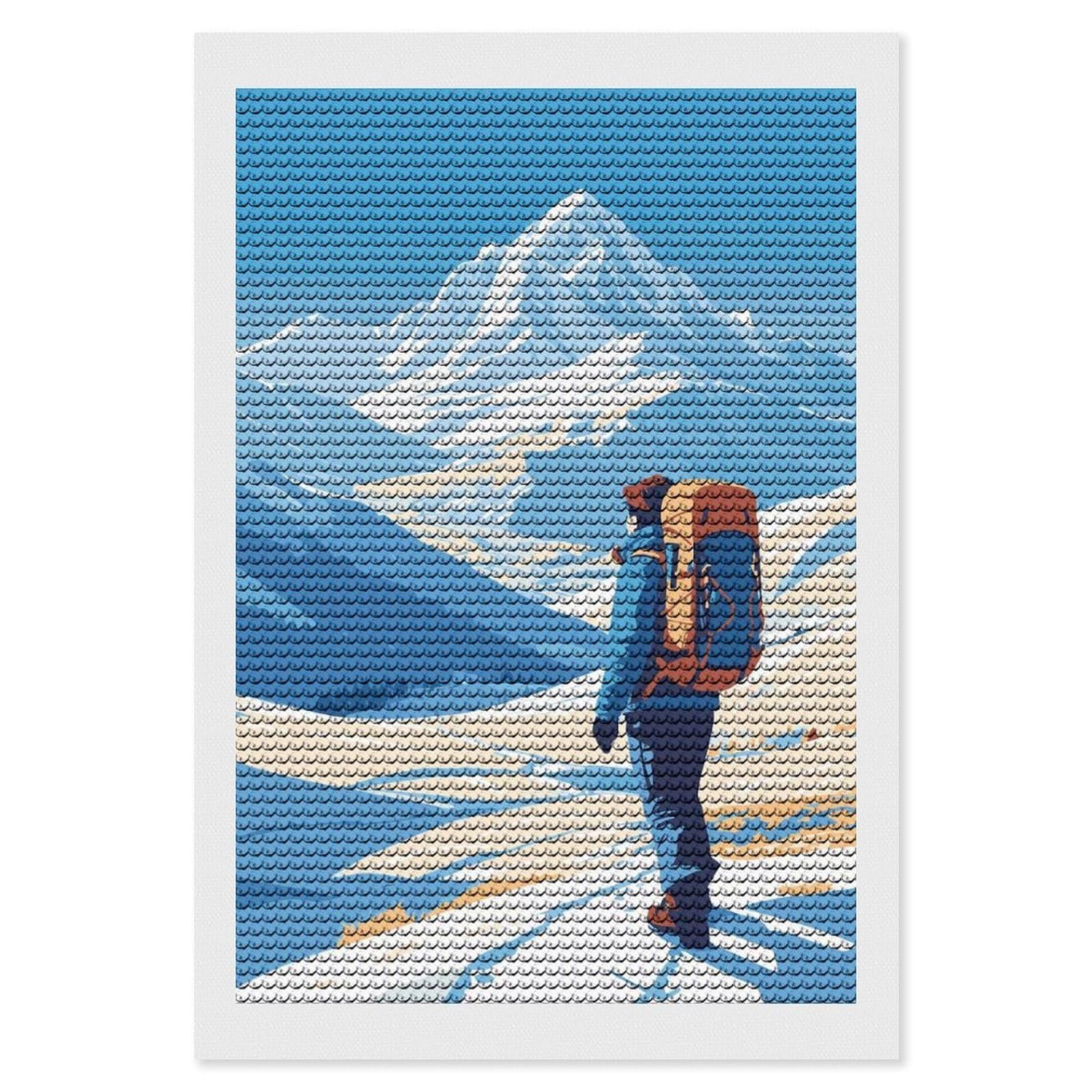 Junmoney Hiker in Snowy Mountain Landscape DIY Diamond Art Canvas Kit 8"x12", Winter Craft, Mindful Craft Project, Aesthetic Room Decor, Decor Project