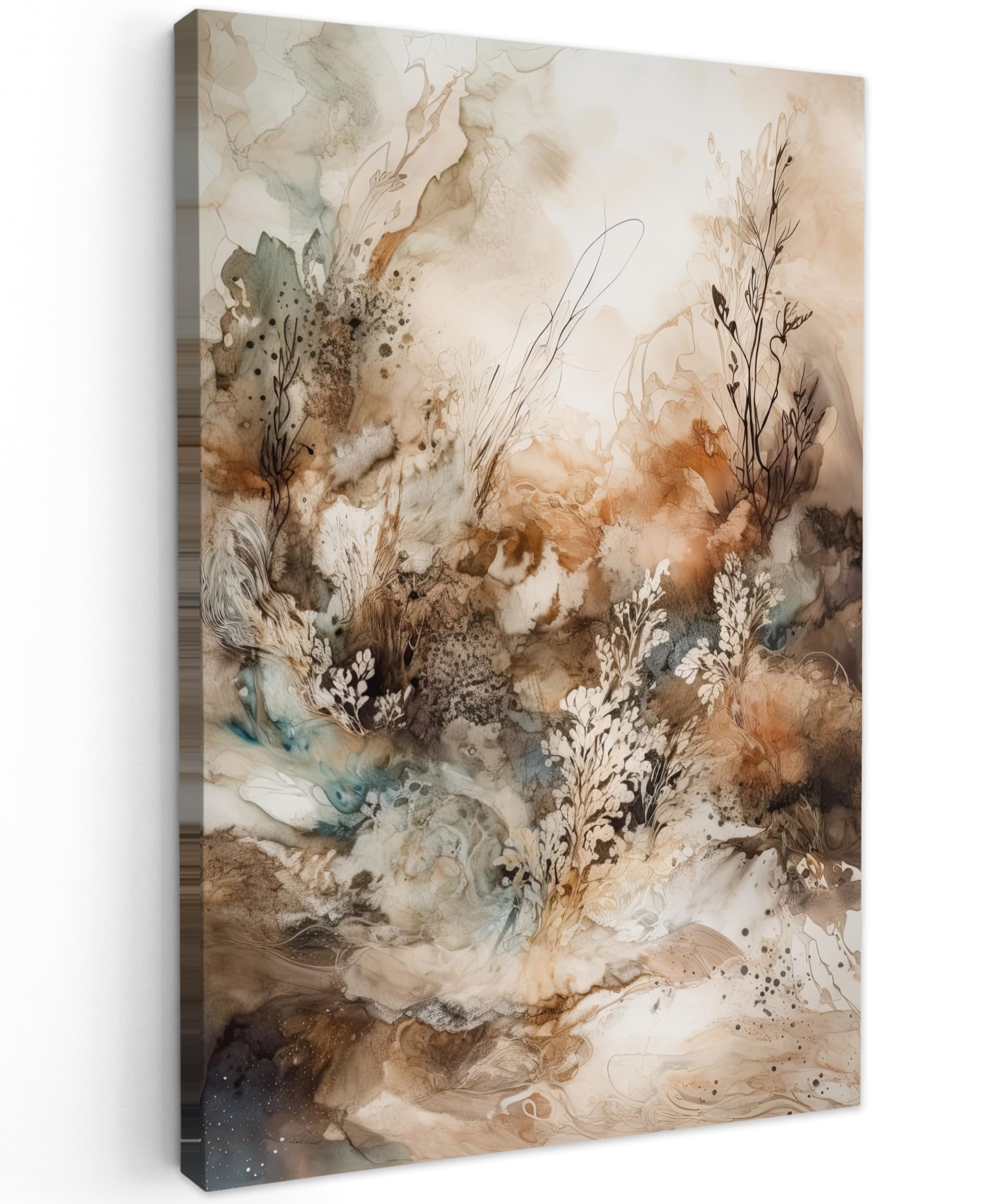 MuchoWow© Canvas Wall Art 24"x35" / 60x90 cm Decor Paintings Prints framed on Canvas Decorations Wallart Abstract - Beige - Paint - Art - Nature - Flowers