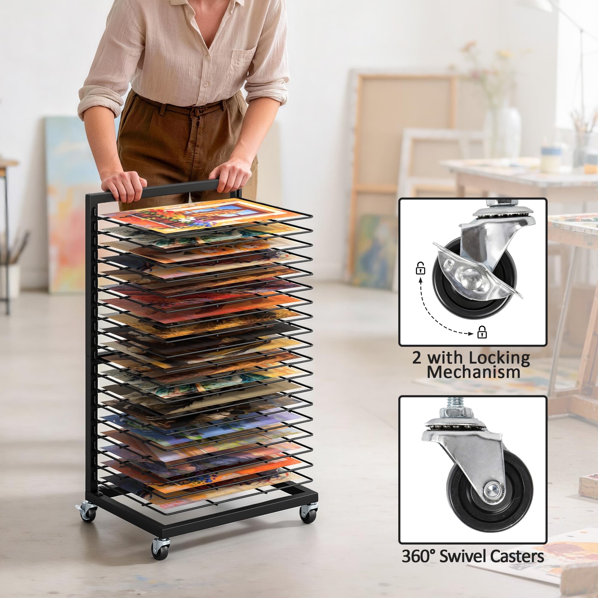 uyoyous Mobiles Bilder Trockengestell 40.5×30×70.5cm Kunsttrockengestell mit 19 Herausnehmbaren Regalen Kunst Trocknen Rack Kohlenstoffstahl für zu Hause, Klassenzimmer, Kunstateliers und Schulen