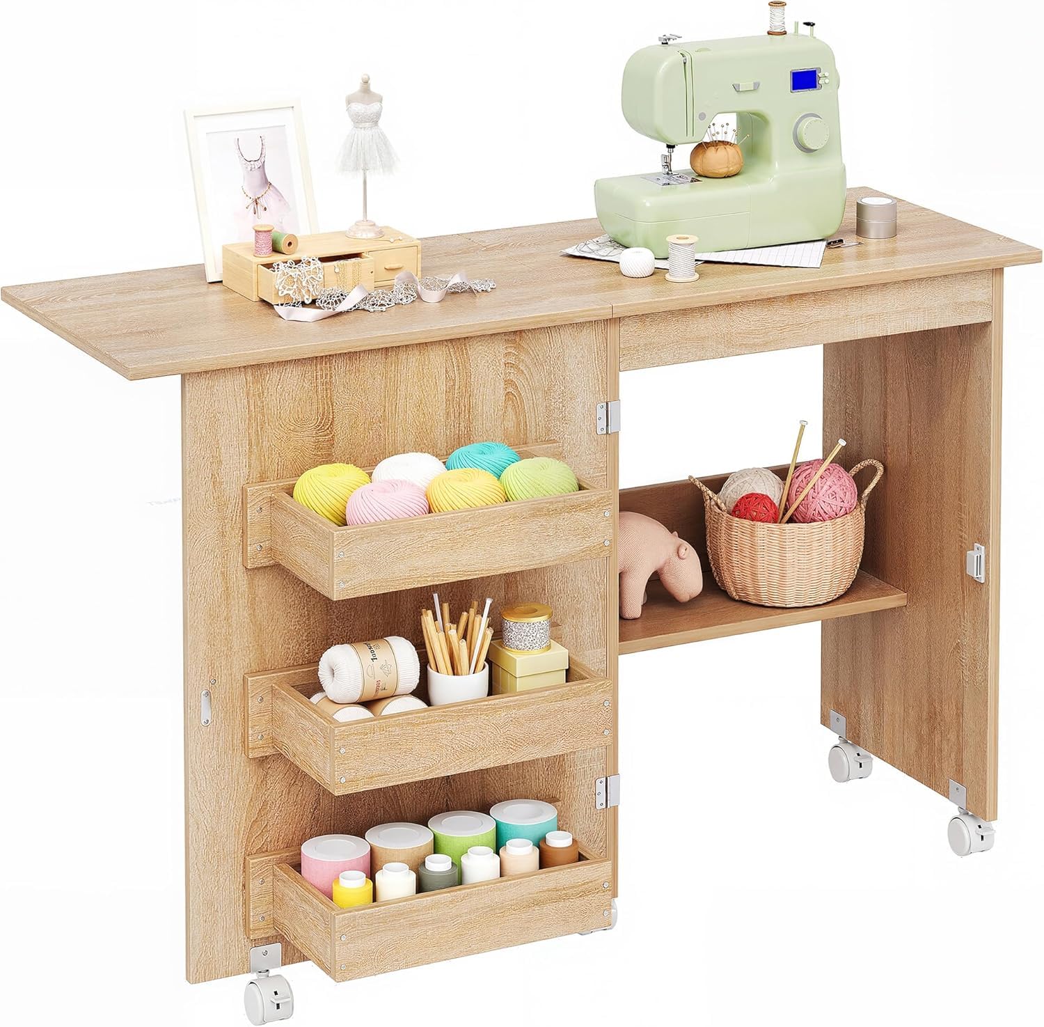 Mesa plegable para máquina de coser con ruedas, mesa de costura móvil con 3 cajas de almacenamiento y compartimento de almacenamiento, mesa auxiliar para ahorrar espacio, mesa auxiliar para sala de