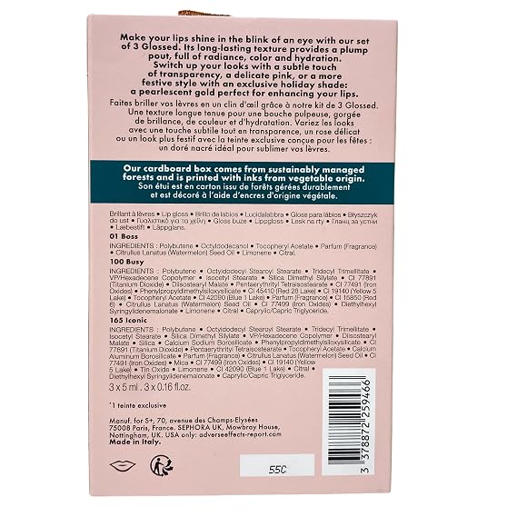 SEPHORA Collection Glossed Lip Gloss Trio Gift Set - 3 x 5 mL Glossed Lip Gloss in 01 Boss, 100 Busy and165 Iconic. | plump