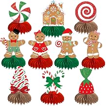 Gingerbread Christmas Party Table Decorations Centerpieces,10pcs Paper Gingerbread Man House Lollipops Candy Canes Honeycombs for Xmas Winter Holiday Birthday Party Decor Supplies