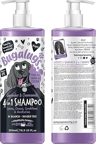 Bugalugs - Champú para perros 4 en 1 de lavanda y manzanilla, productos de champú para perros malolientes, el mejor champú para cachorros, champú y