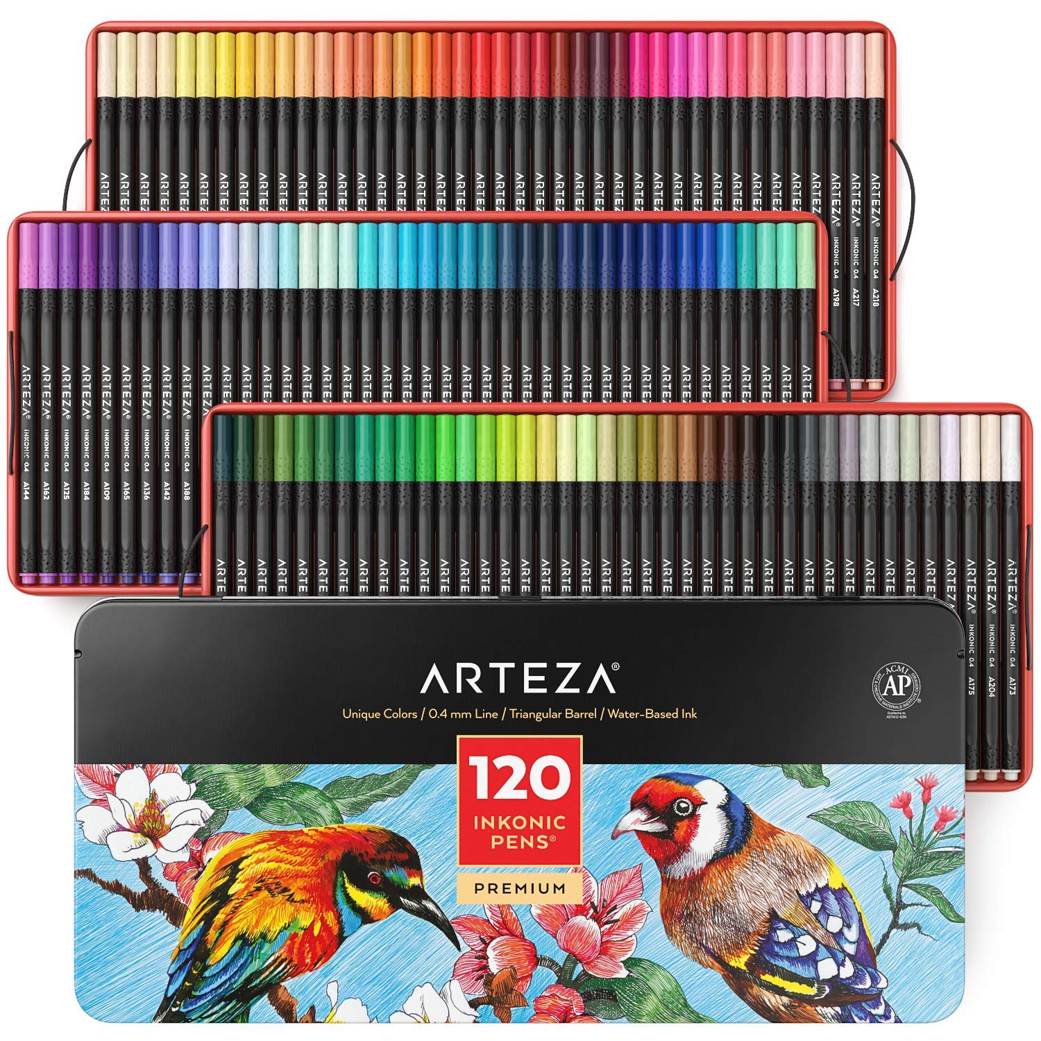 Arteza Inkonic Fineliners Fine Point Pens, Set of 120 Fine Tip Markers with Color Numbers, 0.4mm Tips, Ergonomic Barrels, Brilliant Assorted Colors, Art Supplies for Coloring, Drawing & Detailing - 
