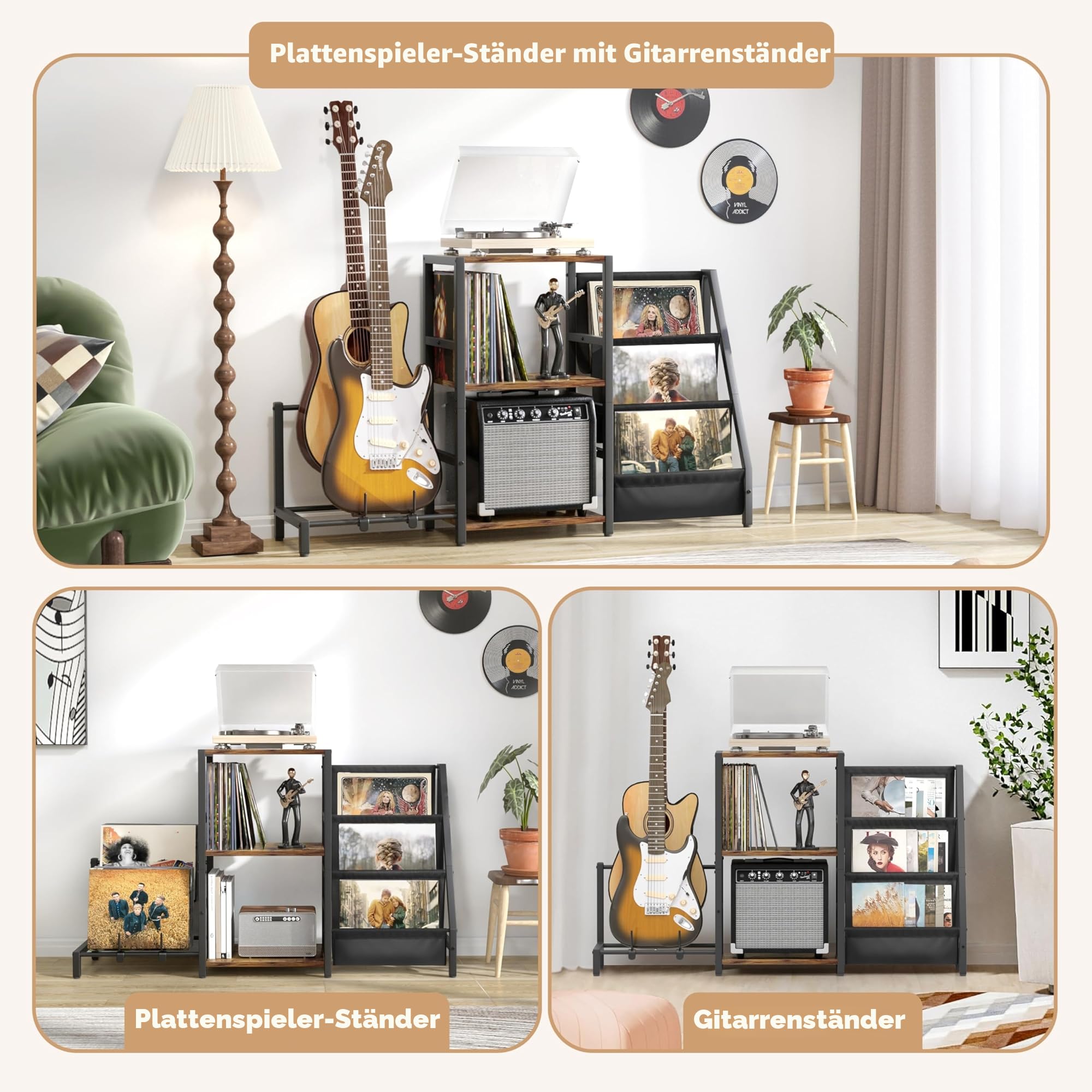 Bikoney Plattenspieler Ständer, Gitarrenständer für Akustik, E-Gitarre, Bass mit Verstärkerständer, 3-stufiger Schallplatten Aufbewahrung für bis zu 200 Alben, Plattenspieler-Tisch für Lautsprecher