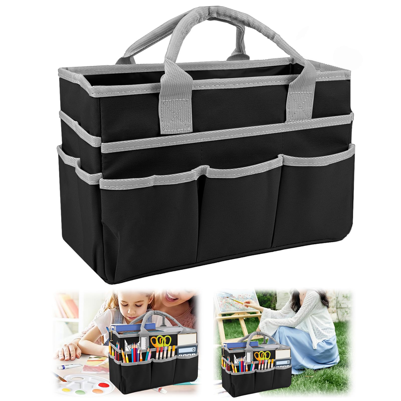 BigKing Borsa Tote Organizer per Artisti, In Tessuto Oxford, Con Tasche Multiple, Organizer Borsa a Mano per Cancelleria Libri da Disegno Notebook Pennelli (Nessuna Copertura) (Nero Grigio)