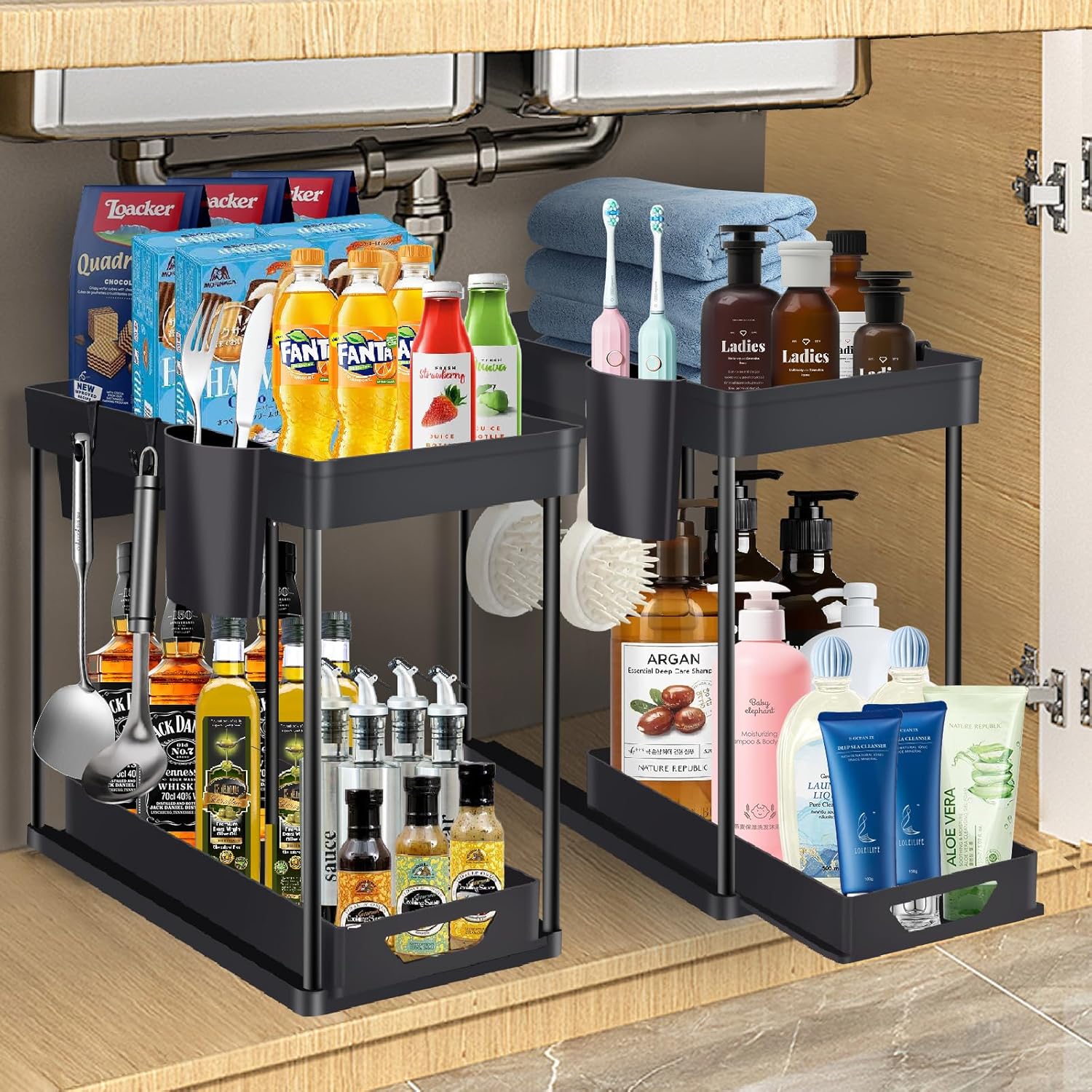 2 Pack Under Sink Organizers and Storage, 2 Tier Pull Out Bathroom Cabinet Organizer with Hooks Hanging Cup, L-Shape Cabinet Organizers with Drawer for Kitchen Bathroom (Black, 2 Pack) 2 Pack Black