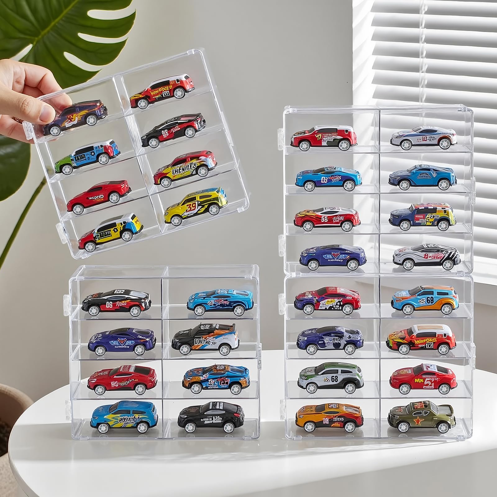 1/64 Scale Matchbox Wheels Toy Car Display Case Holds 32 Toy Cars Storage Organizer, Clear Display Box with Clear Snap-On Dust Cover 6.5 X 7.5 X 1.6 Inches 4 Pack