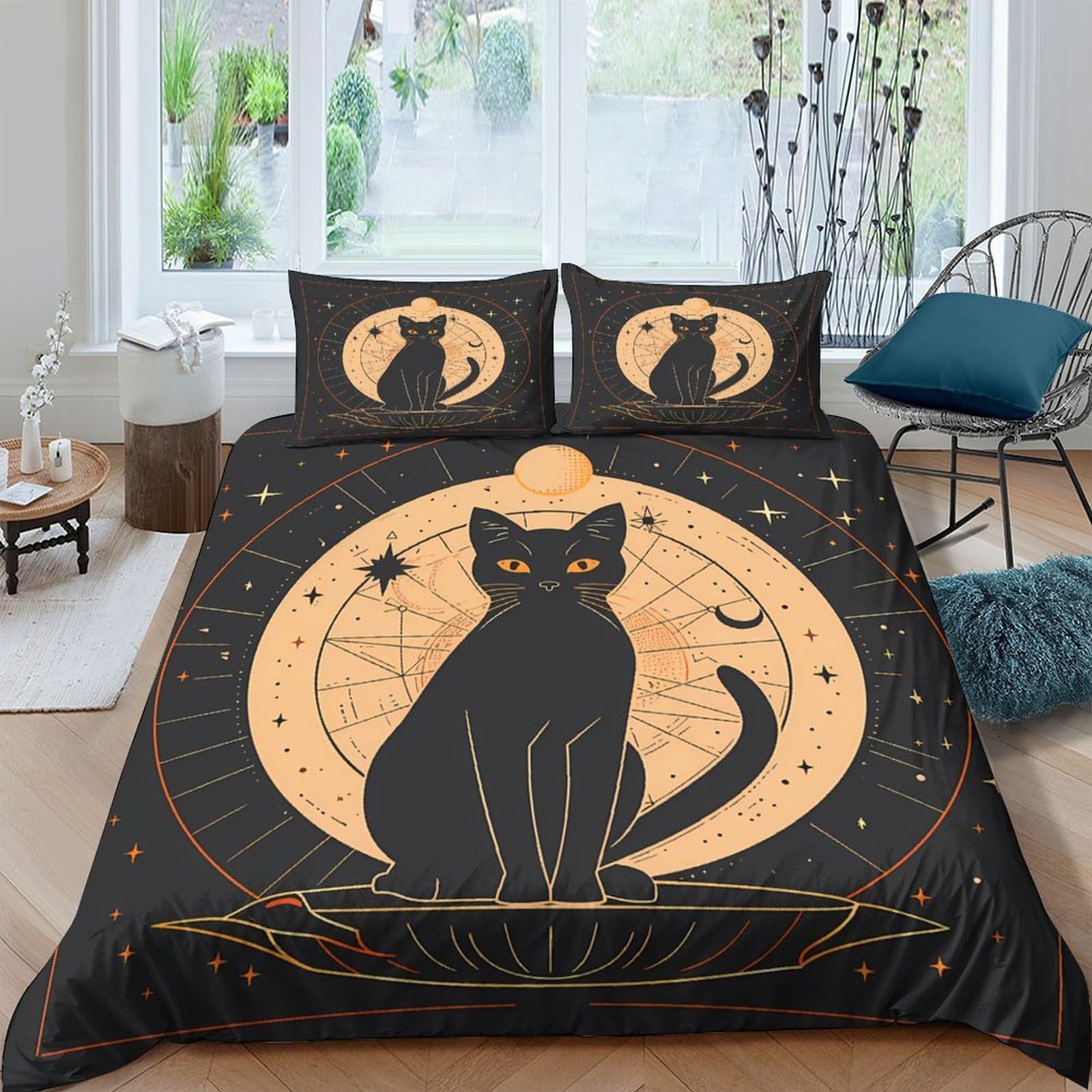 Ctjqhvkz Style-5 3D Printed Black Cat Moon Fitted Sheet Microfiber Breathable Star Pattern Mattress Cover Bedroom Decor Single（135X200cm）