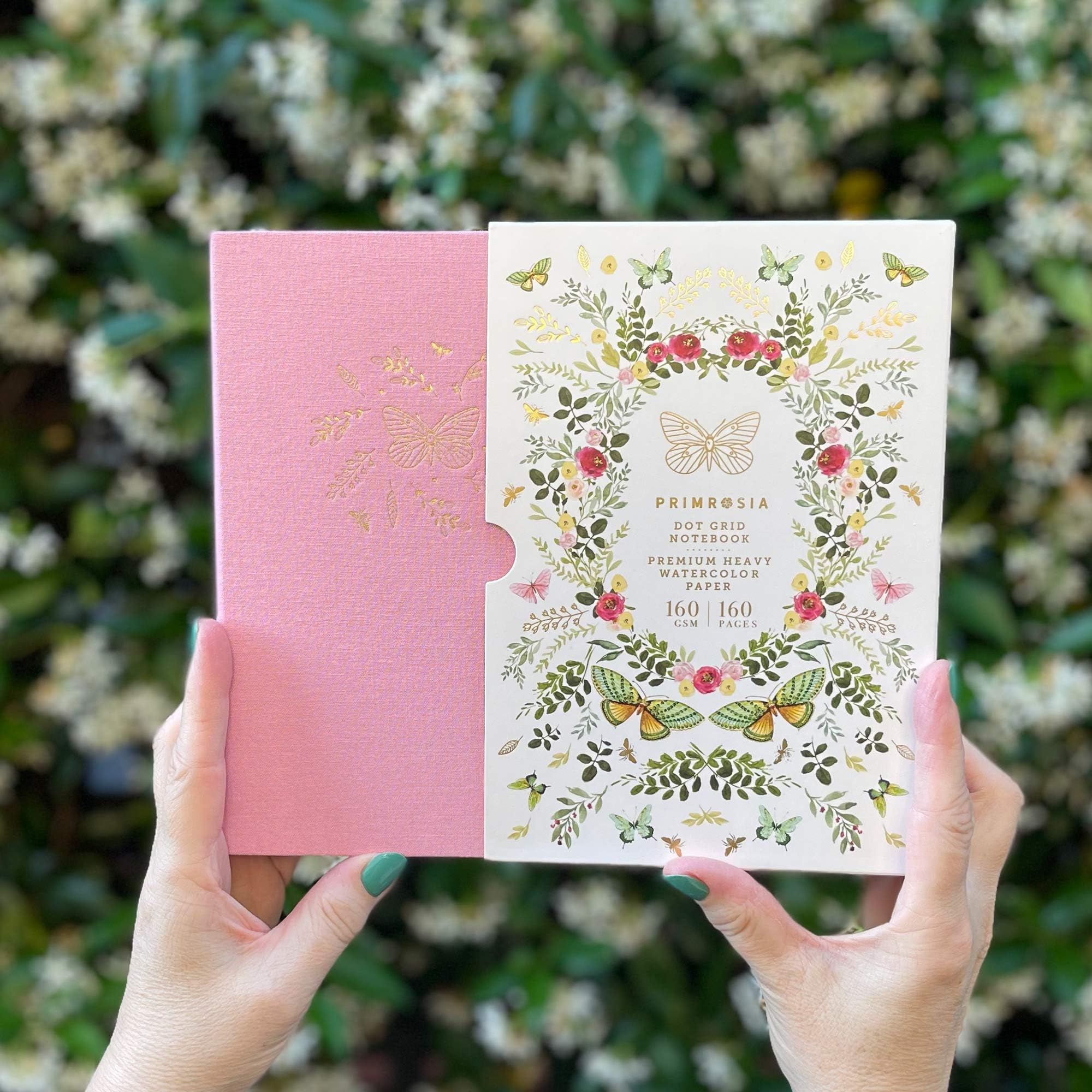 Primrosia Taccuino A5 con griglia a punti ad acquerello, 160 pagine, carta pesante di alta qualità, senza sbavature, copertina rigida in lino di lusso (farfalla rosa)
