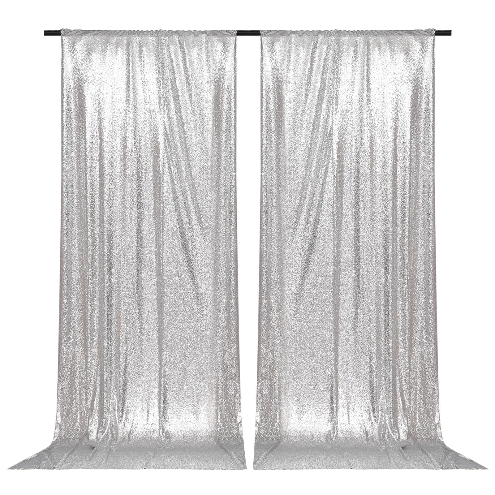 PartyDelight 2 Panels Sequin Backdrop Curtains Silver 5FT X 10FT Sparkly Back Drop for Wedding Party Room Decorations