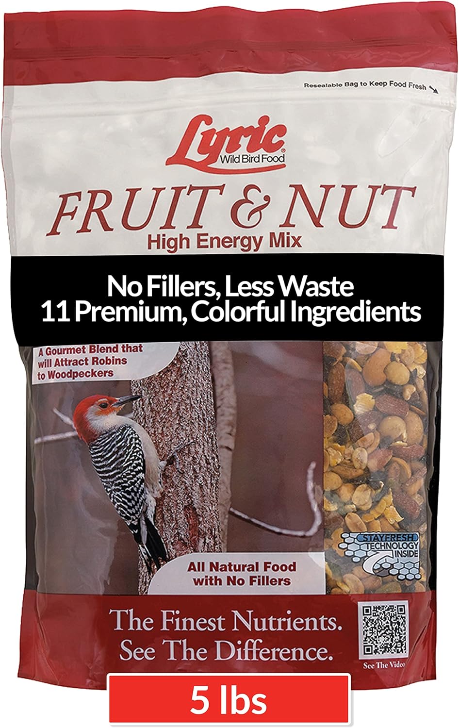 Lyric Fruit and Nut Wild Bird Seed – High Energy Wild Bird Food Mix – Attracts Woodpeckers, Chickadees & Other Songbirds – 5 lb bag
