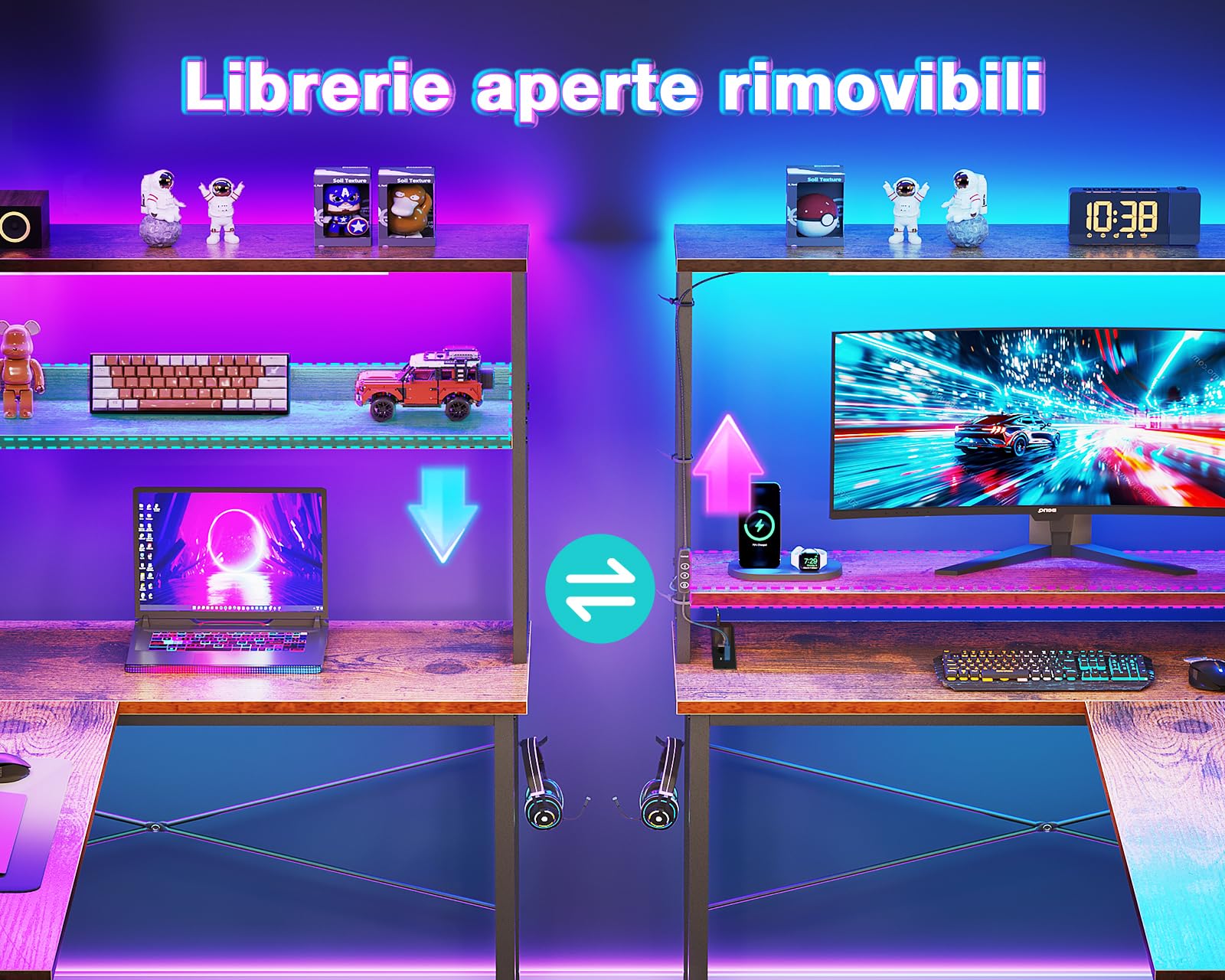 Coleshome Scrivania Gaming con LED e Prese, 110 × 80 cm Scrivania Gaming Angolare Reversibile con Scaffali Portaoggetti, Tavolo Angolare con Borsa Portaoggetti per Giocatori, Marrone Vintage