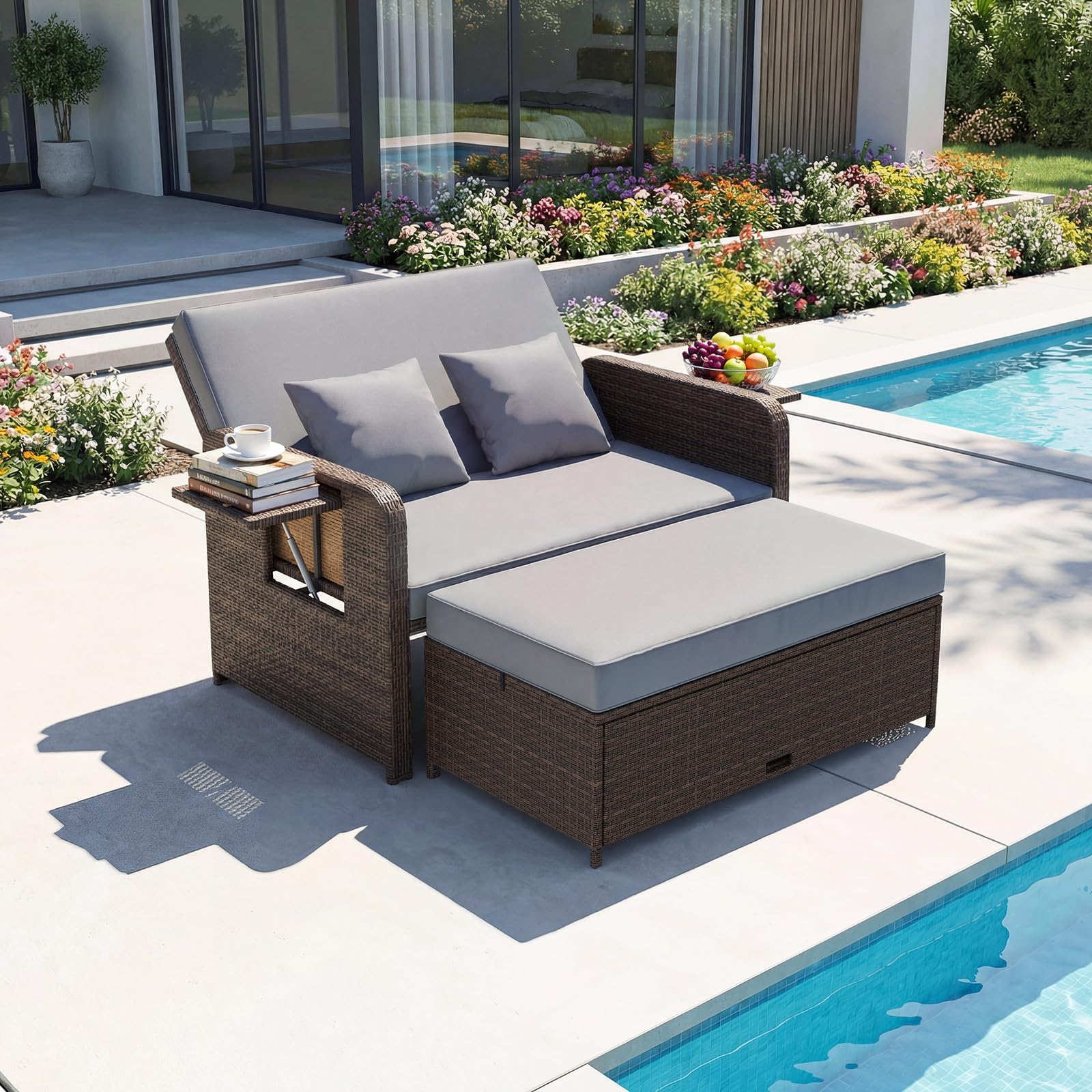GIANTEX Divano da Giardino in Rattan con Poggiapiedi, Doppio Divano da Esterno con Schienale Regolabile, Mobili da Giardino per Terrazza, Balcone, Cortile