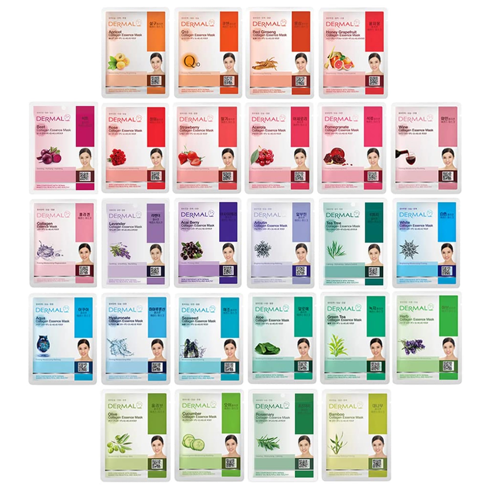 26 Combo Pack Collagen Essence Korean Face Mask (Red & Green) - Hydrating & Soothing Facial Mask with Panthenol - Hypoallergenic Sheet Mask for All Skin Types - Natural Home Spa Treatment Mask