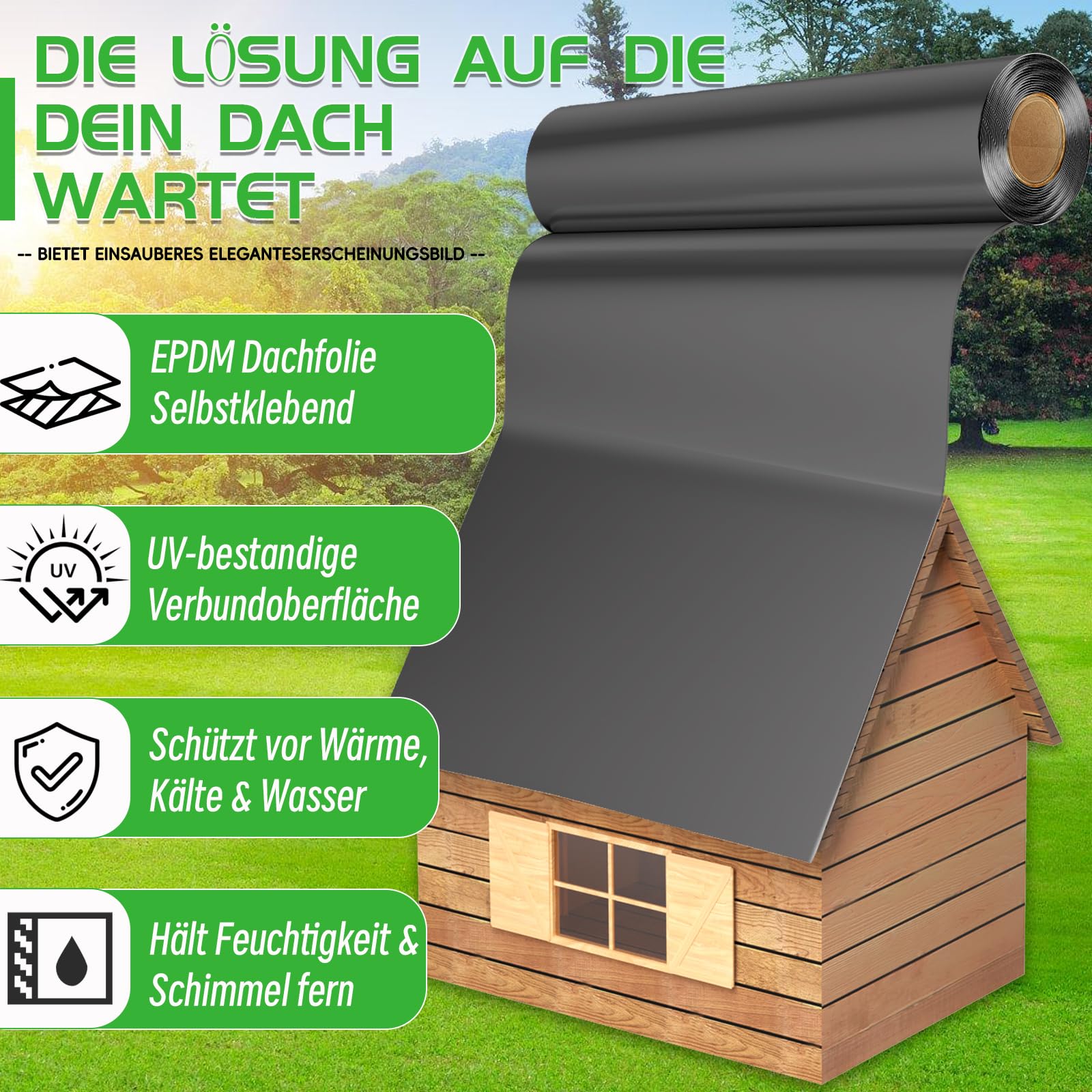 Warmfay EPDM Dachfolie Selbstklebend 1 x 10 m, 1,5 mm Stärke, UV Beständig & Wasserdicht