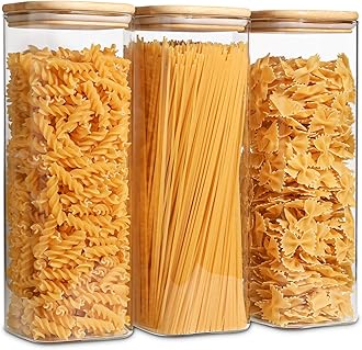 ComSaf Glass Spaghetti Pasta Storage Containers with Lids 71oz Set of 3, Tall Clear Airtight Food Storage Jar with Bamboo Lid for Noodles Flour Cereal Sugar Beans, Sqaure Spaghetti Pantry Container