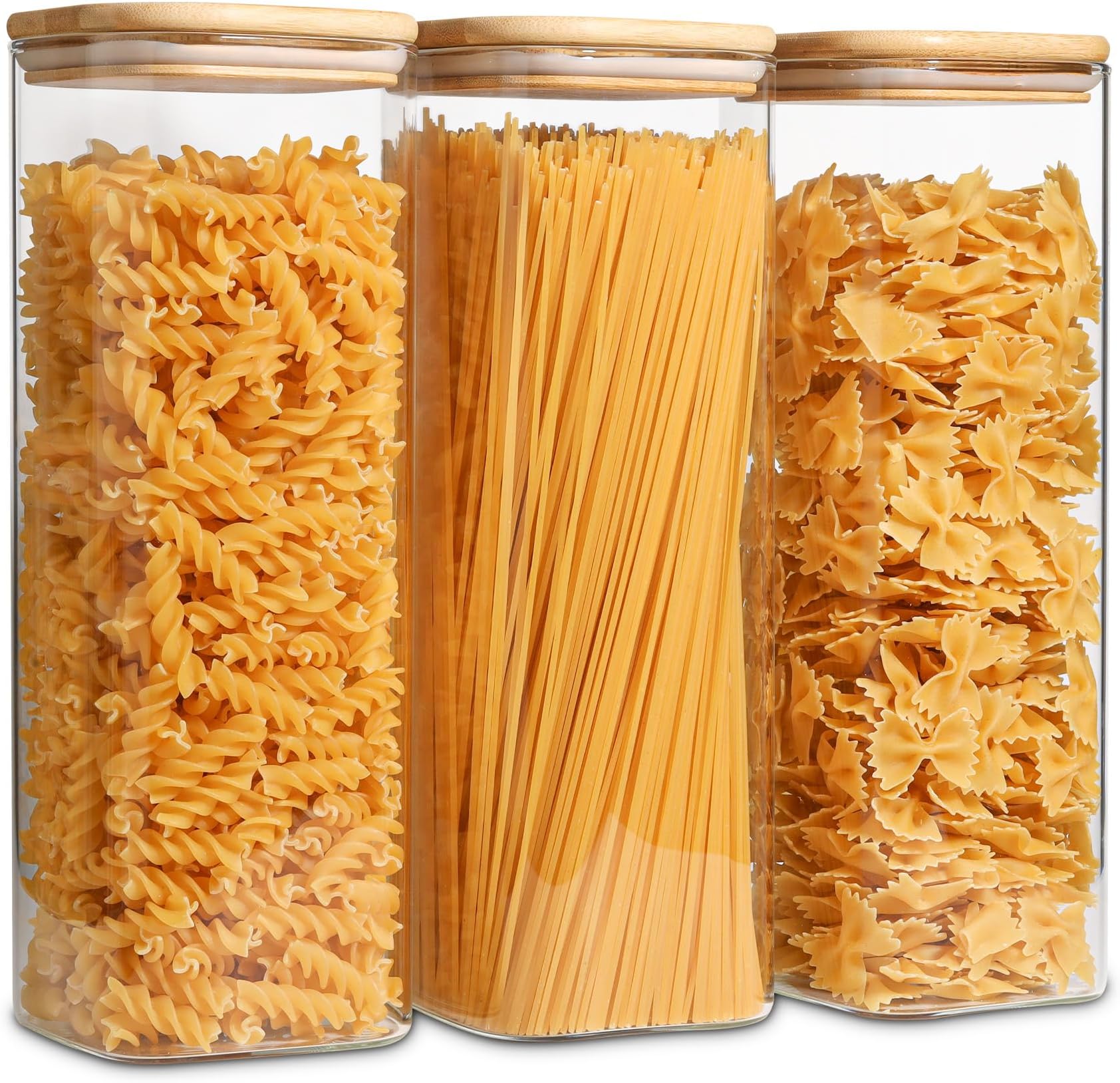ComSaf Glass Spaghetti Pasta Storage Containers with Lids 71oz Set of 3, Tall Clear Airtight Food Storage Jar with Bamboo Lid for Noodles Flour Cereal Sugar Beans, Sqaure Spaghetti Pantry Container