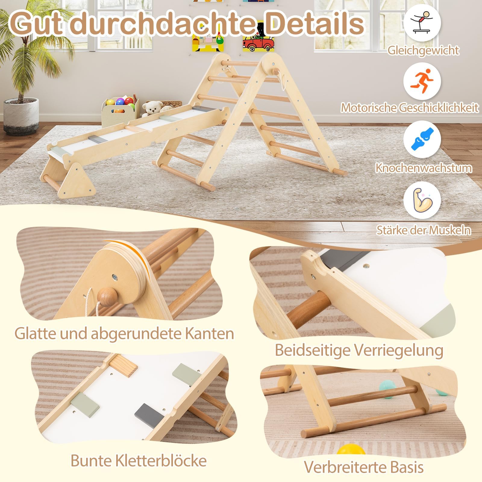 FANTASK 3 in 1 Kletterspielzeug Indoor, Sprossendreieck Holz, Kletterdreieck Set für Kinder ab 3 Jahren, 115 x 69 x 59 cm, Natur