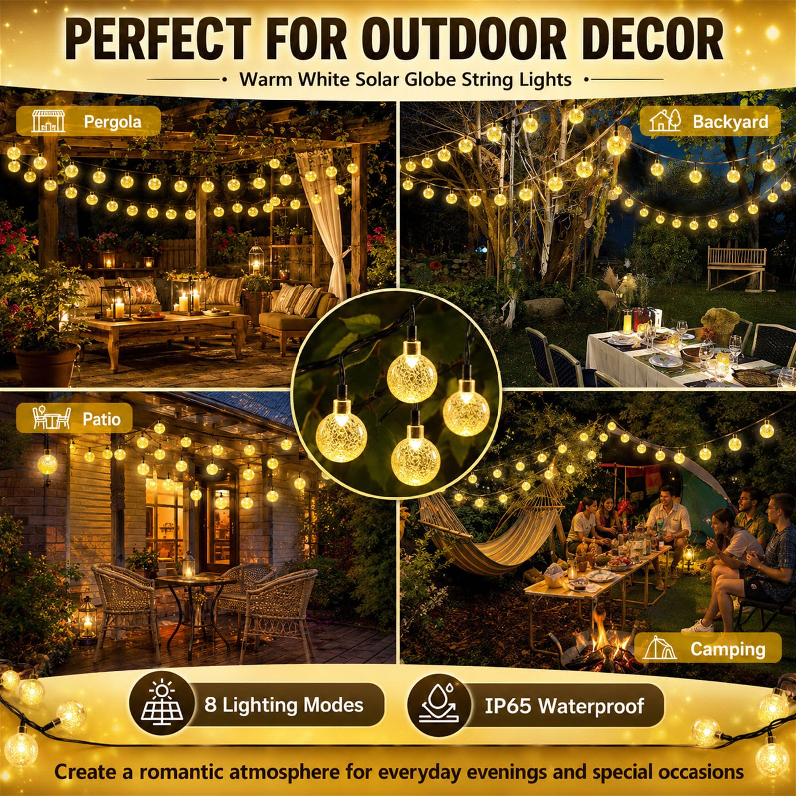 Guirlande Lumineuse Solaire Extérieur imperméable Fil de Cuivre, 8 Modes, IP65 Étanche Allumage Automatique, Guirlande Guinguette, Déco Terrasse Jardin (Violet,32/300LED)