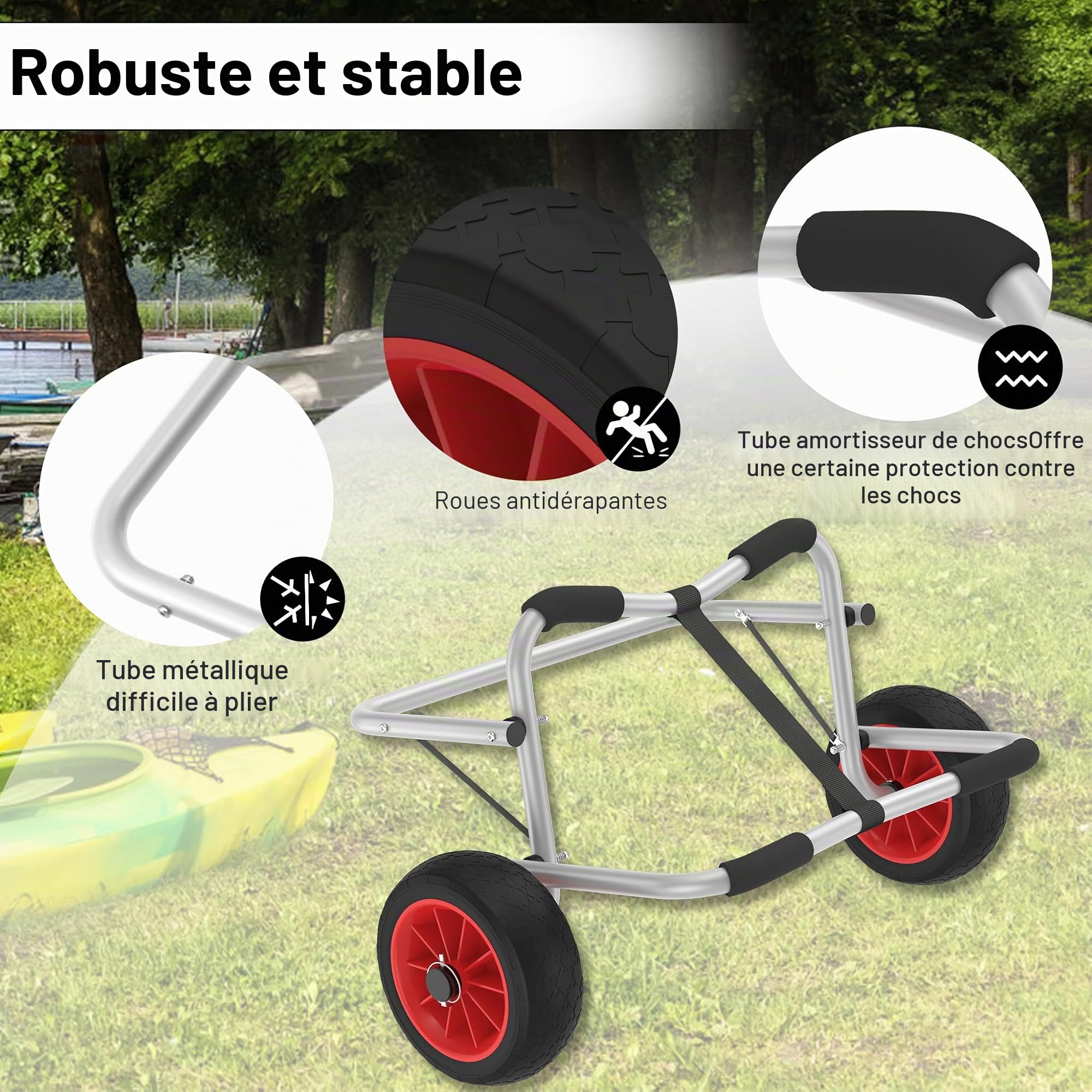 UISEBRT Chariot de transport pliable en aluminium avec sangles de 3 m pour canoë, kayak, bateau pneumatique, capacité de charge jusqu'à 100 kg