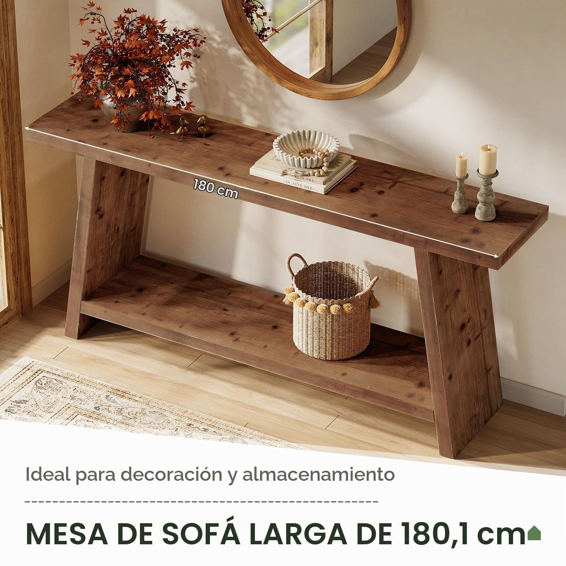 Consola de Madera Maciza 160 cm Marrón, Mesa de Entrada Estrecha con 2 Estantes, para Pasillo, Salón o Detrás del Sofá, Estilo Granjero Vintage