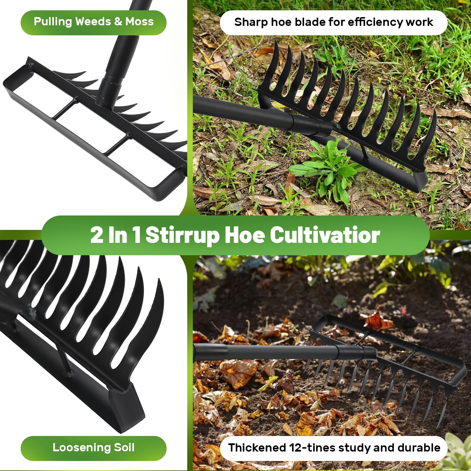 Hula - Zappa da giardino 2 in 1, 12 denti, attrezzo da giardinaggio per diserbo, con manico lungo regolabile da 193 cm, per diserbo, semina, abbandono e allentamento