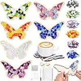 Honeydak 6 Sets DIY Glass Mosaic Tiles for Crafts with Butterfly Wooden Coasters for Adults Mixed Color Mosaic Crafts Materials Package for Coaster Stained Glass Kit for Handmade Home Decor Gifts