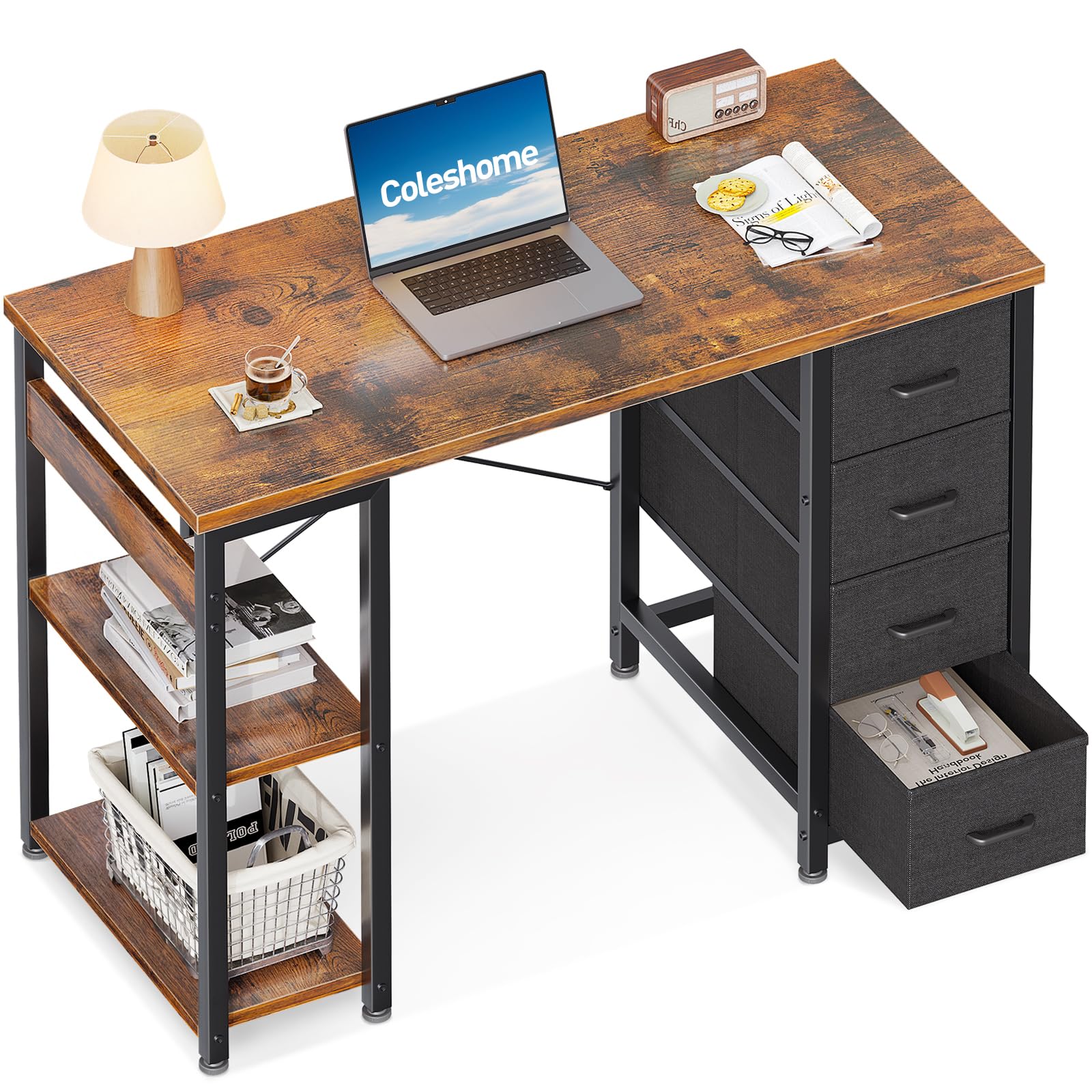 Coleshome Kleiner Schreibtisch mit 4 Schubladen, 100x40cm Schreibtisch mit Stauraum, Umkehrbarer Computertisch mit Regalen PC Tisch für Büro Arbeitszimmer Schlafzimmer, Braun