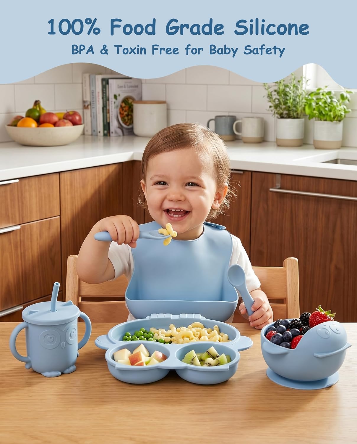 Silicone Baby Feeding Set with Spoon, Bowls, Plates with Suction, Bib, and Toddler Cups with Replaceable Lids, Blue