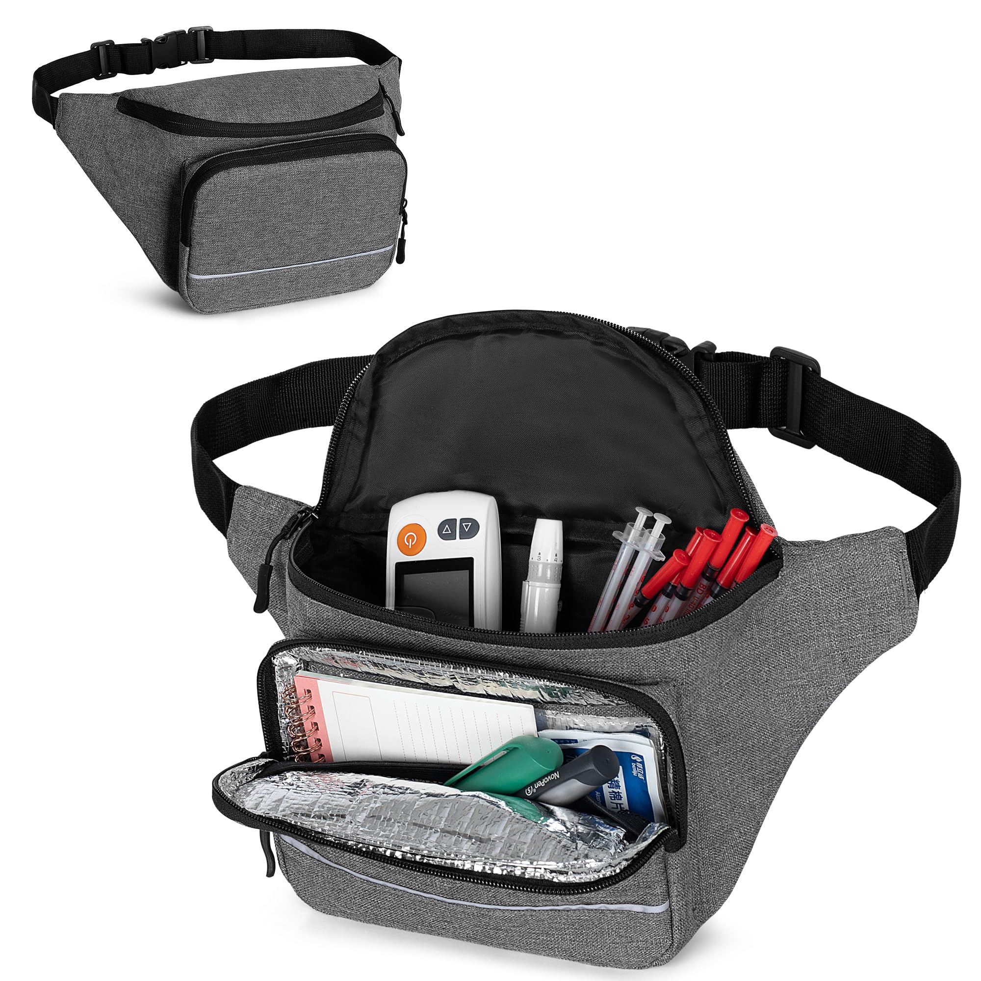 BAFASO Diabetic Bag with Insulated Pocket (Fanny Pack Version), Diabetes Bag for Supplies, Gray
