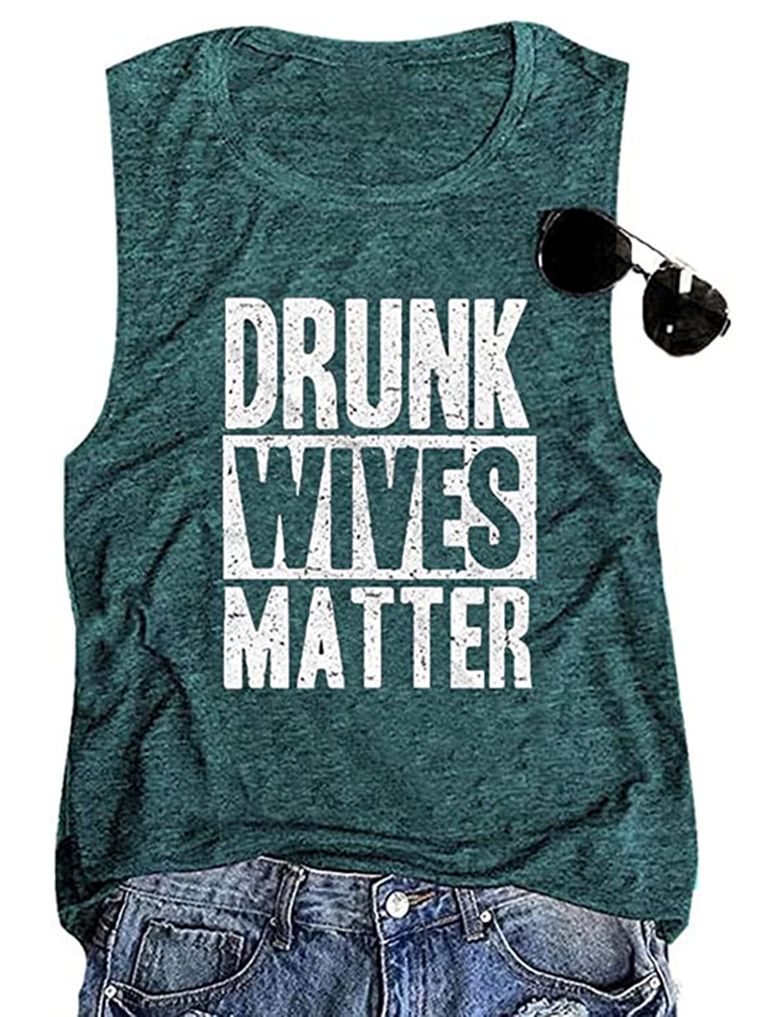 Funny Drunk Wives Matter Sleeveless Shirt For Women – Soft Cotton Blend Summer Tank Top (Green, Medium)
