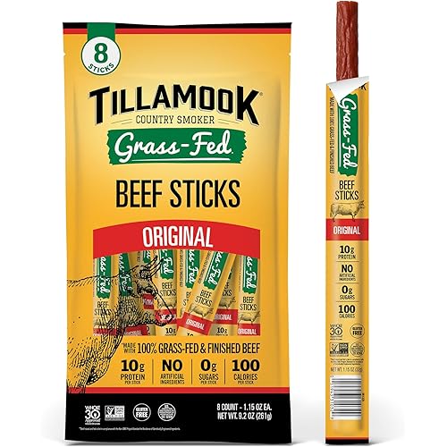 Tillamook Country Smoker 100% Grass Fed Beef Sticks, Zero Sugar, Original, 1.15 Ounce (Pack of 8) Whole 30 Approved, Non GMO Clean Meat Snacks, High Protein, Gluten Free, Individually Wrapped