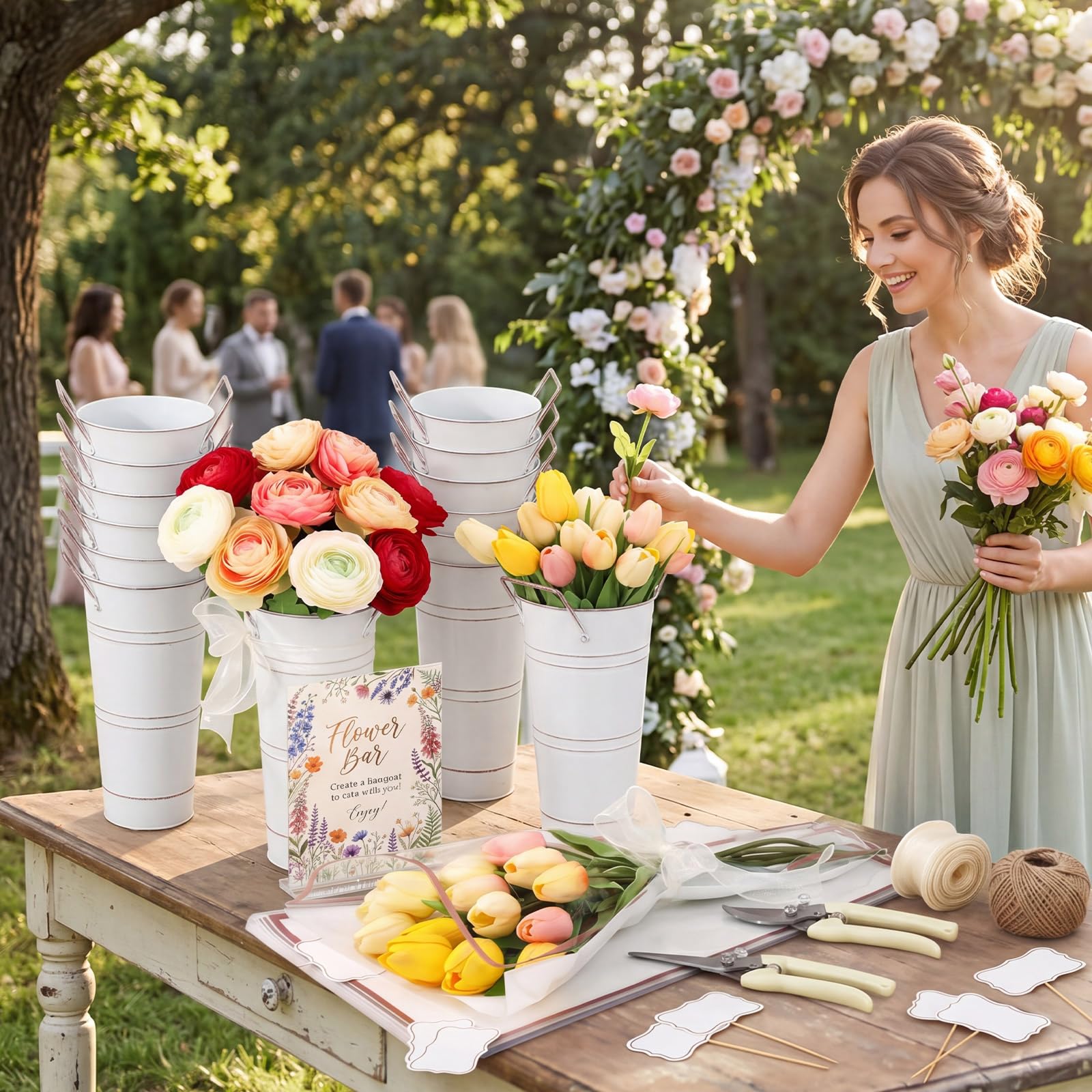 142 piezas de suministros de barra de flores con 12 cubos blancos, 100 bolsas de envoltura de flores, tijeras para letreros de flores, suministros de barra para boda, novia, graduación