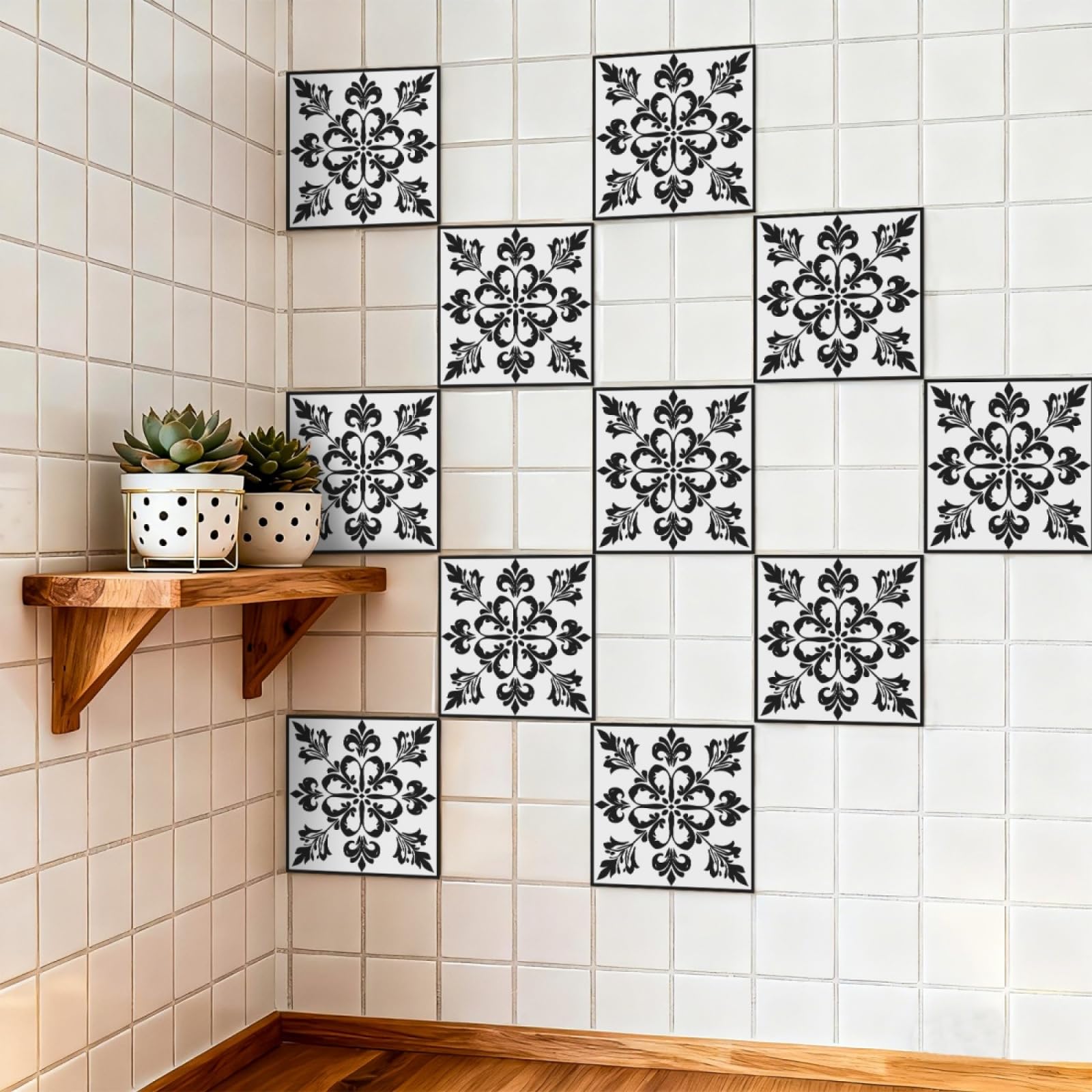 Tile Stickers Elegant Flowers Geometry Stick on Kitchen Tiles Self Adhesive Wall Tiles PVC Peel and Stick Tile Covers Transfers Oil-Proof Kitchen Splashbacks for Walls Removable 10x10cm/48 Pcs