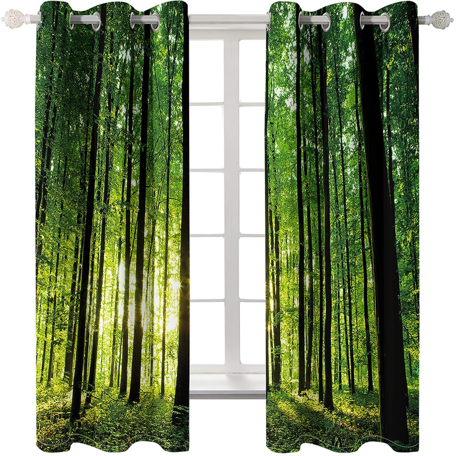 Gualiy Rideaux Opaque Fenetre, Rideau de Salon Paysage Arbres et de Soleil Rideaux Vert Lot de 2 107x138cm