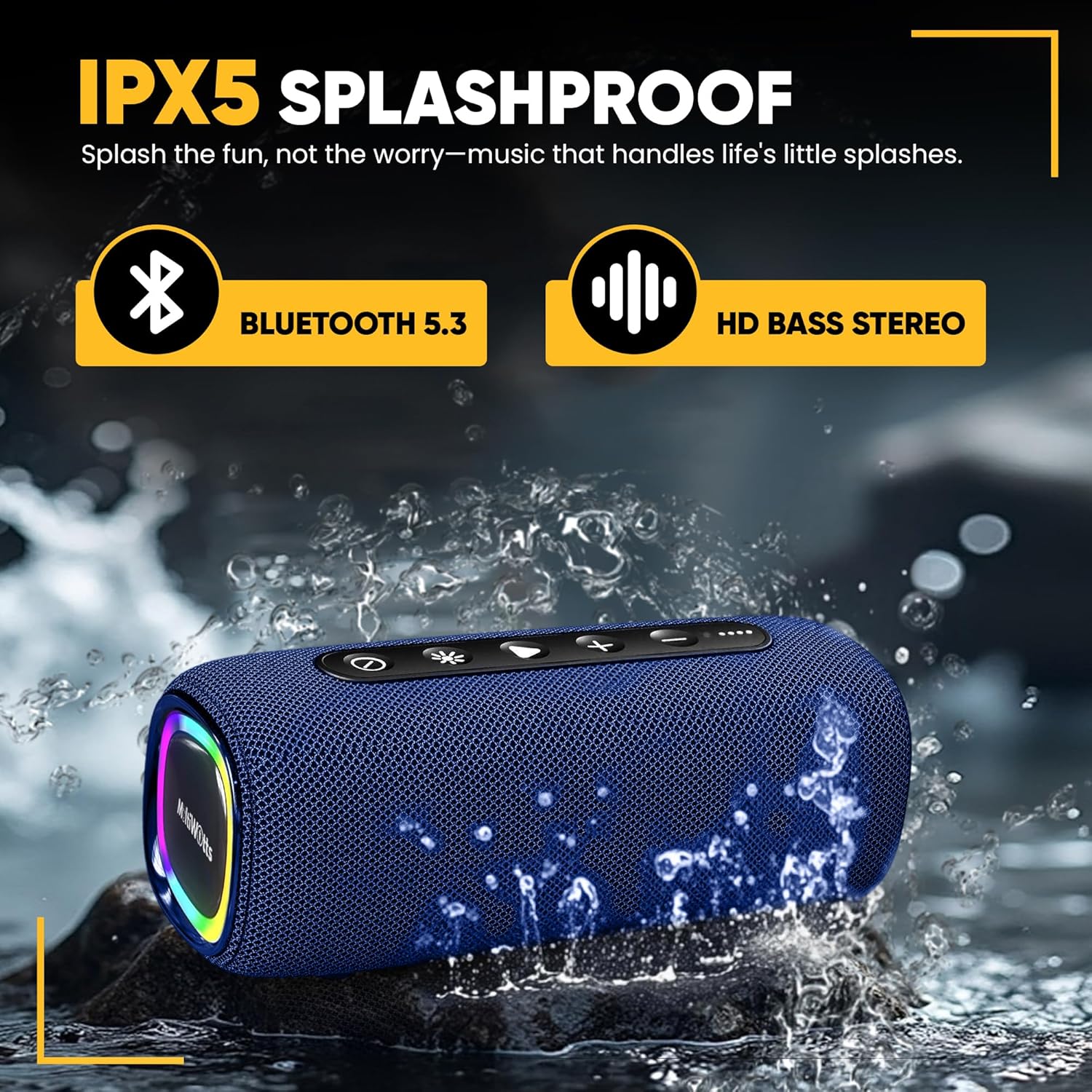 Portable Bluetooth Speaker: IPX5 Waterproof, 20W Dolby Stereo Sound, Deep Bass, Upto 25H Playtime, LED Lights, TWS Pairing, BT5.3, for Home/Party/Travel/Beach/Outdoor/Pool/Gift (Blue).