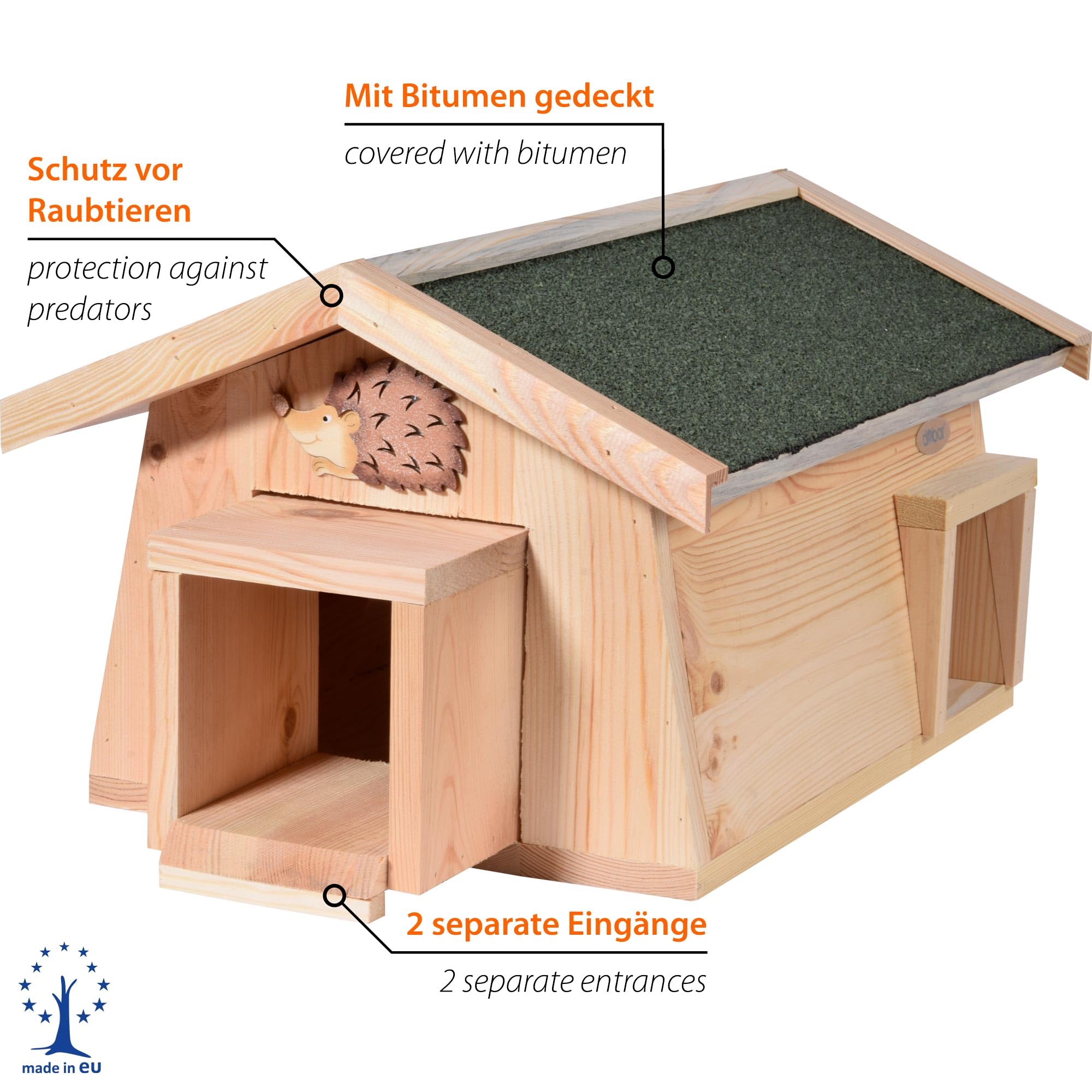 dobar® 22216e Igelhaus Mecki - Igelschlafhaus aus Massivholz - Igelhöhle für den Garten - Igelschlafplatz mit Schleuse - Igelhotel mit herausziehbarem Eingang - 54 x 35 x 26 cm - Grün