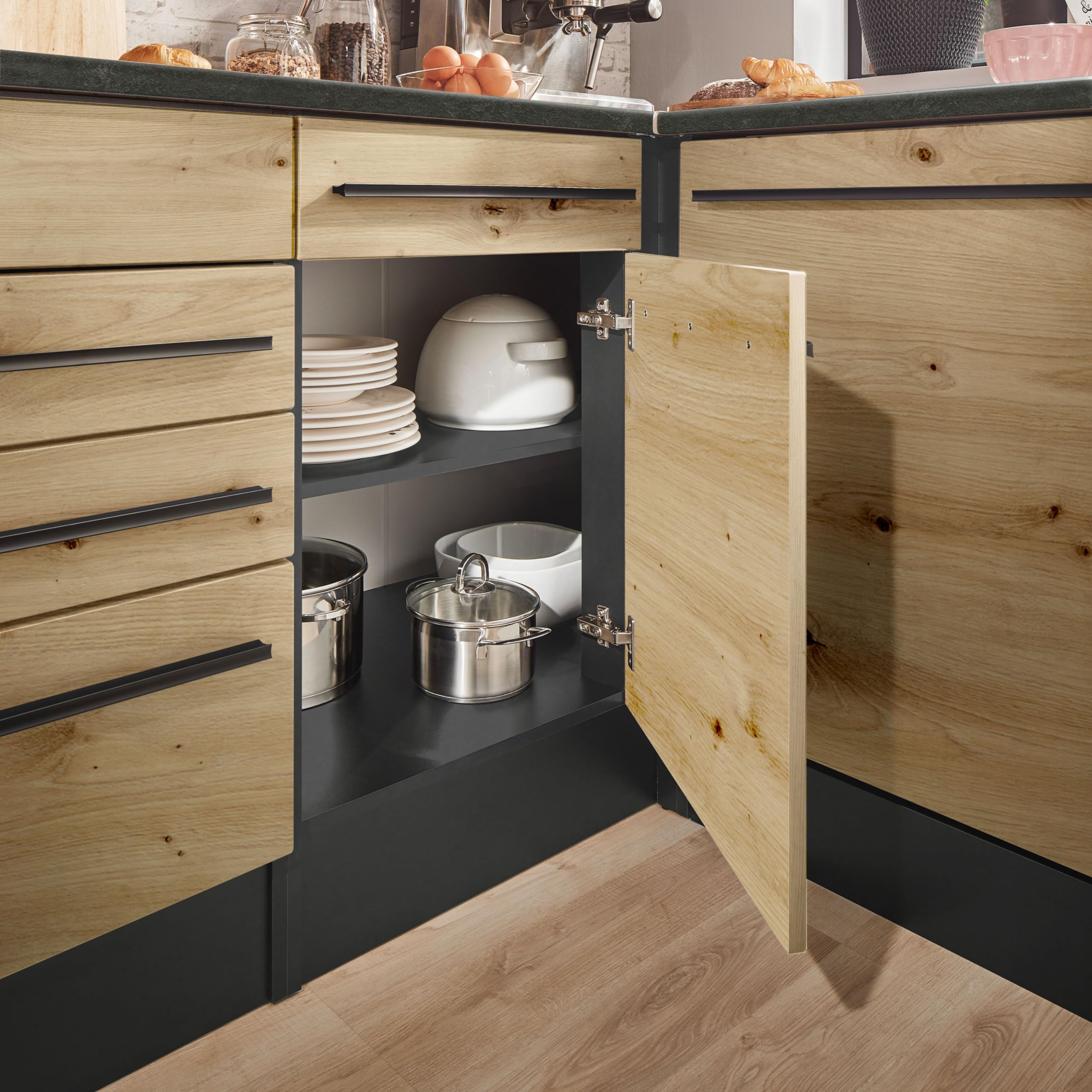 JAZZ Moderner Eckschrank Küche mit Arbeitsplatte in Anthrazit, Artisan Eiche Optik - Geräumiger Eck-Unterschrank mit viel Stauraum - 115 x 90 x 60 cm (B/H/T)