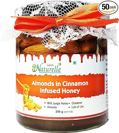 Farm Naturelle (Farm Natural Produce) Aesthetically Crafted Jute Bag with Cinnamon Infused Raw Natural Forest Honey and Almonds Badaam Pack, 250 g