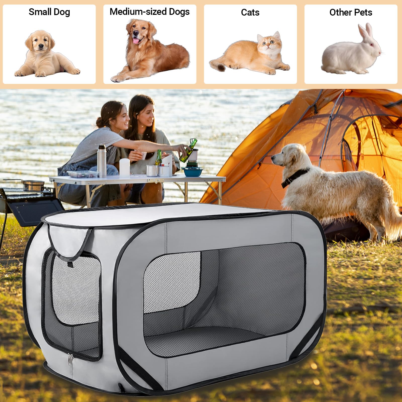 Caisse de Transport pour Chien Parc Pliable Cage Portative Clôture pour Animaux de Compagnie en Tissu Oxford Imperméable Plaqué Respirant pour Animaux Chien Chat Rongeur (Gris)