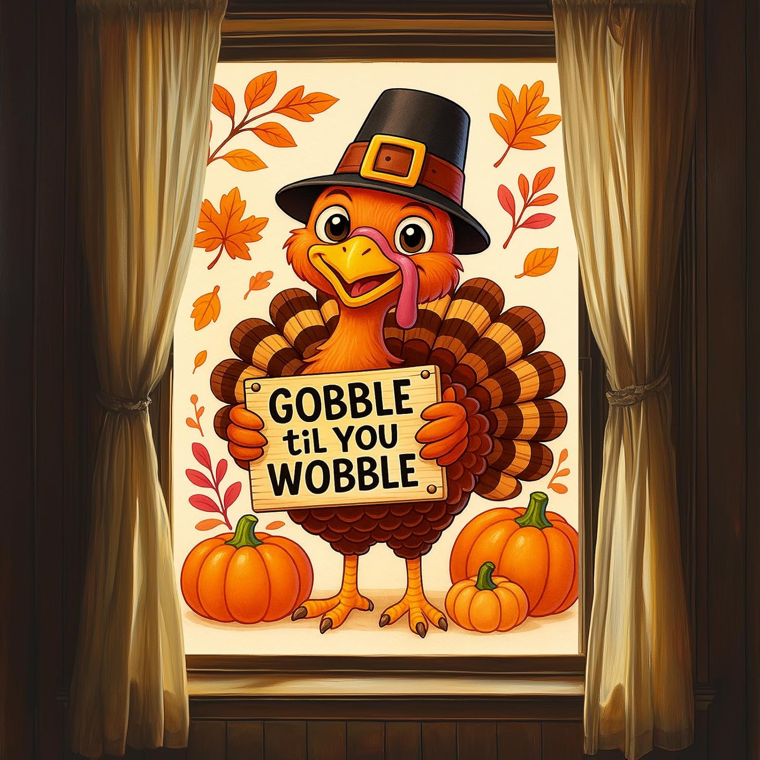 Thanksgiving Turkey Window Film 31x47 Inch Decorative Privacy Sticker with Gobble Til You Wobble Sign Pumpkins Fall Leaves Static Cling for Glass Door Living Room Kitchen Window Décor