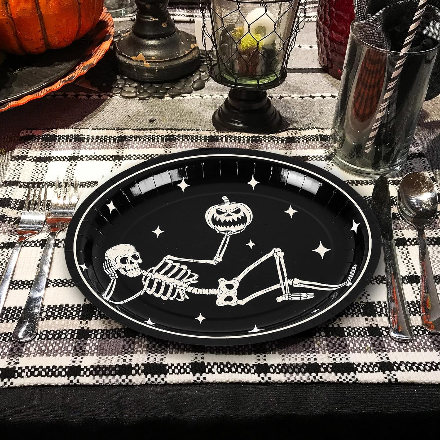 JarThenaAMCS 50Pcs Halloween Oval Paper Plates 10" x 12" Large Black White Skeleton Pumpkin Disposable Plates Spooky Platters for Halloween Holiday Party Tableware Supplies